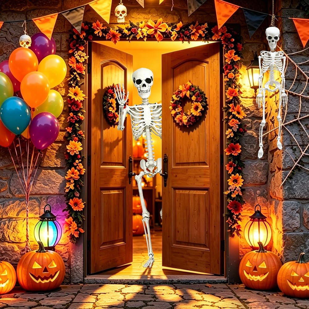 CAMIRUS Szkielet na Halloween, 1,6 m, pełnowymiarowy szkielet ze szkieletem psa, możliwe ludzkie szkielety, realistyczne plastikowe kości na Halloween, nawiedzony dom, straszny wystrój