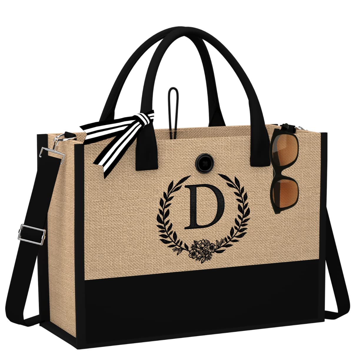 QLOVEAInitial Jute Beach Tote Bag w Strap and Pocket, Personalized Birthday Gift for Mom, Teacher, Friends, Bridesmaids
