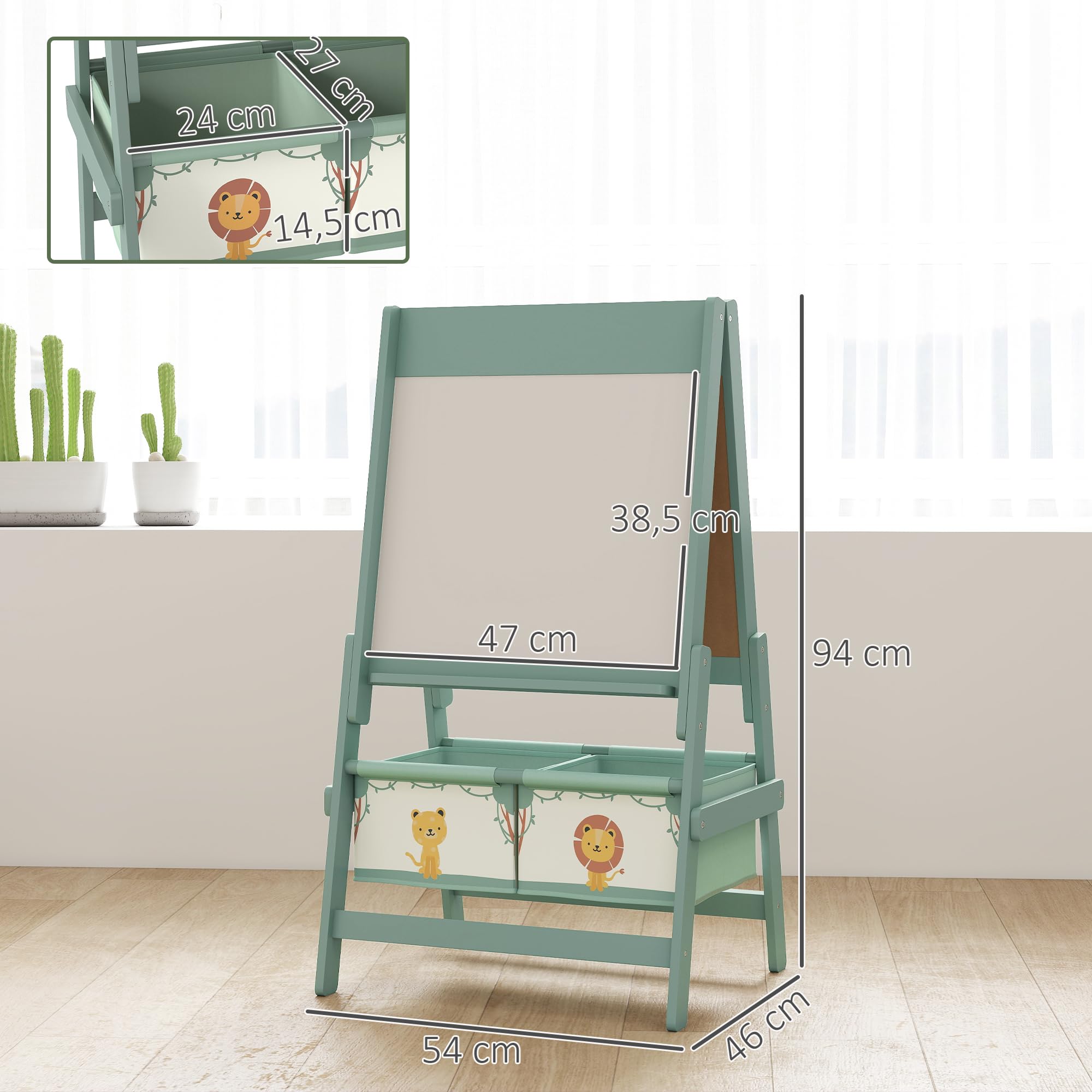 AIYAPLAY Kinder Staffelei 3 in 1 Kindertafel Standtafel mit Kreidetafel, Whiteboard, Papierrolle, 2 Aufbewahrungsboxen, Spiel-Tafel mit Löwen- und Tigermotiv, für Kinder 3-8 Jahre Grün