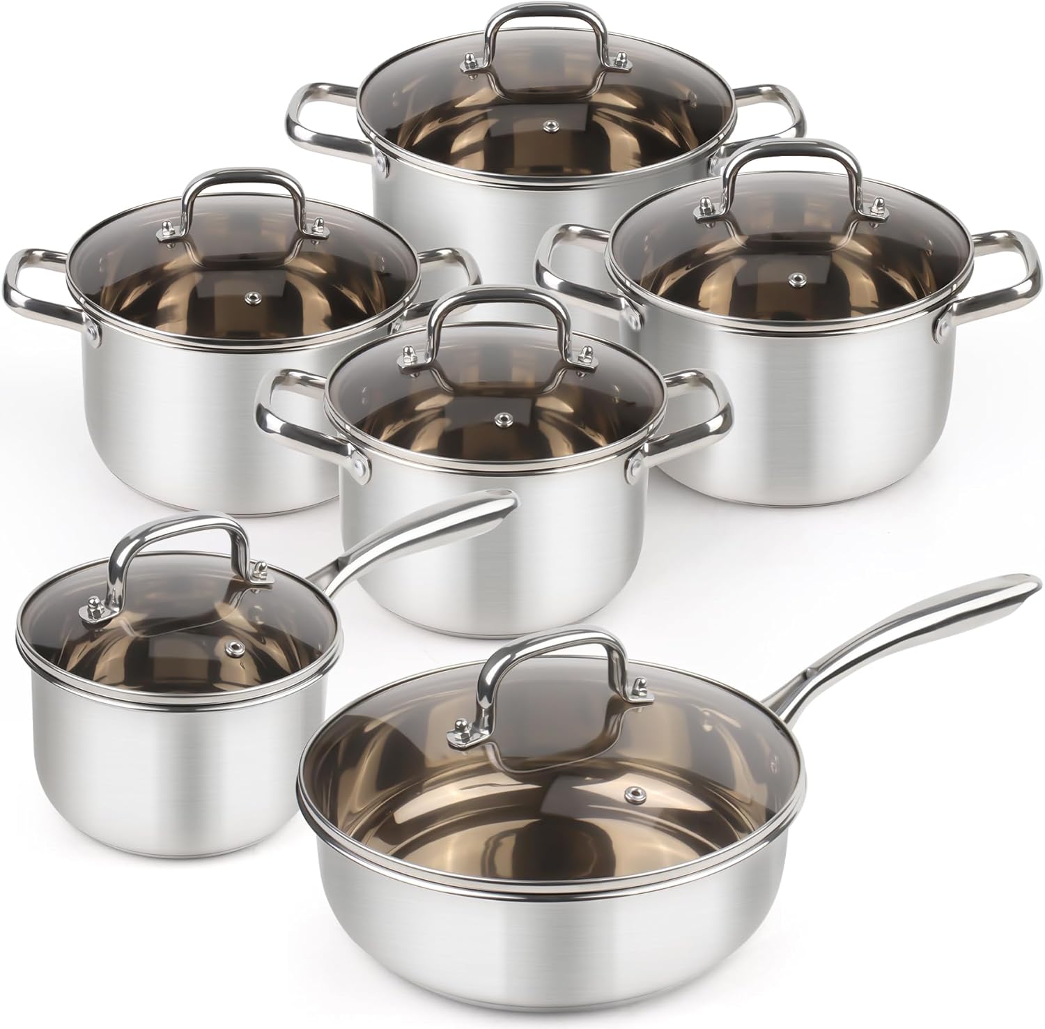 3-ply Stainless Steel Cookware Set, 12 Pcs Pots and Pans Set, Induction Compatible, Nestable and Space-Saving, Oven and Dishwasher Safe，Works with All Cooktops