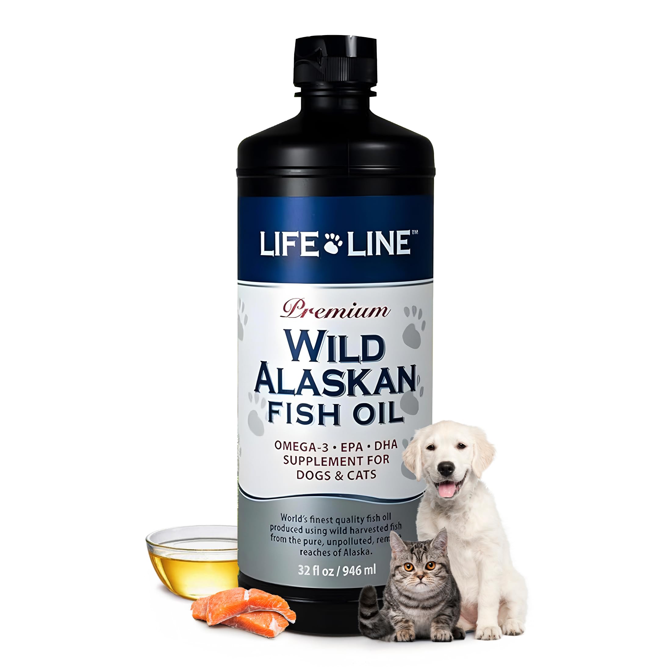 Life Line Pet Nutrition Wild Alaskan Fish Oil for Dogs and Cats 32oz – Omega 3 Fish Oil Supplement for Skin & Coat – Supports Brain, Eye & Heart Health in Dogs & Cats