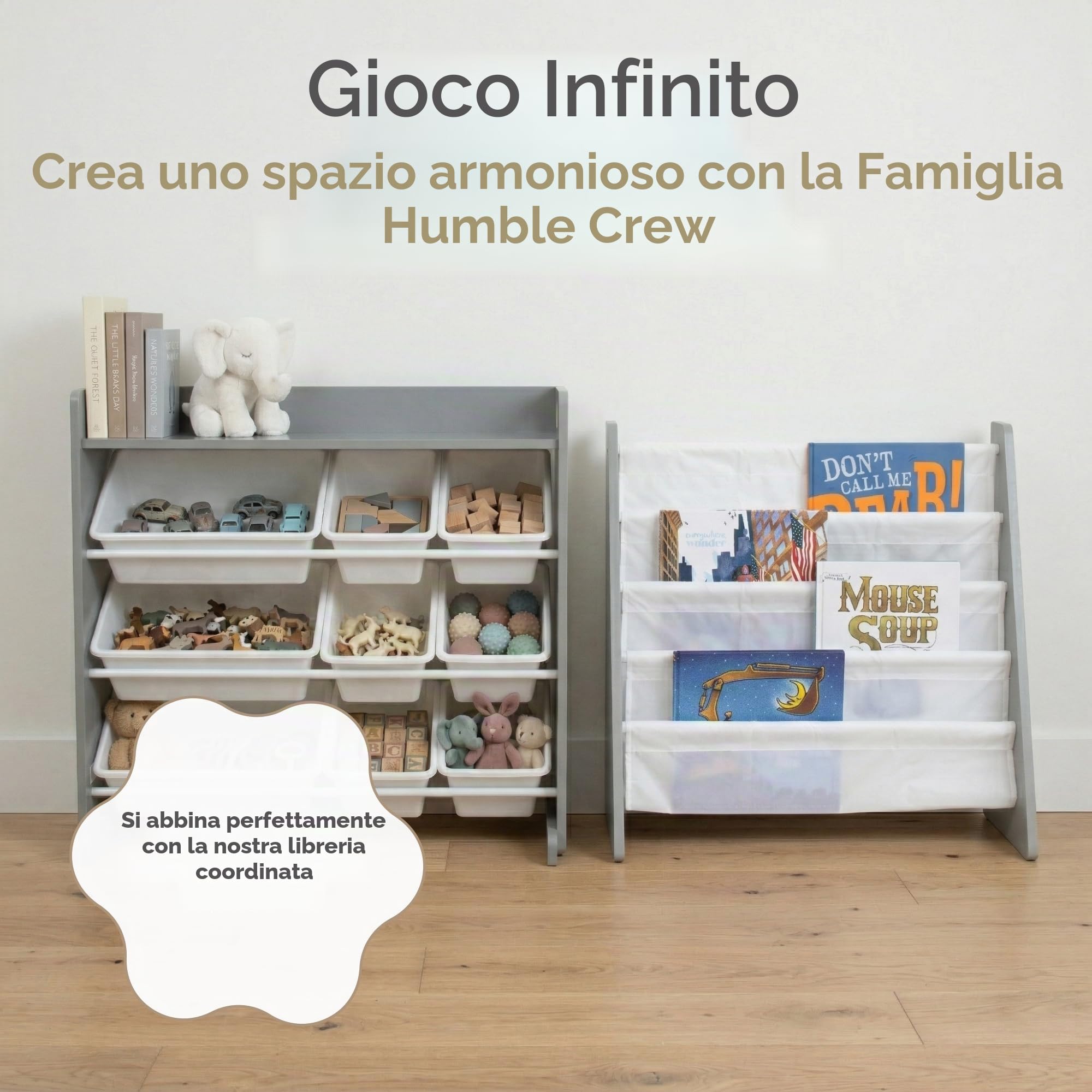 Humble Crew Scaffale Bambini Elegante: Organizer Giocattoli con 9 Contenitori, Design Grigio/Bianco Moderno, Perfetto per Camerette Chich e Ordinata