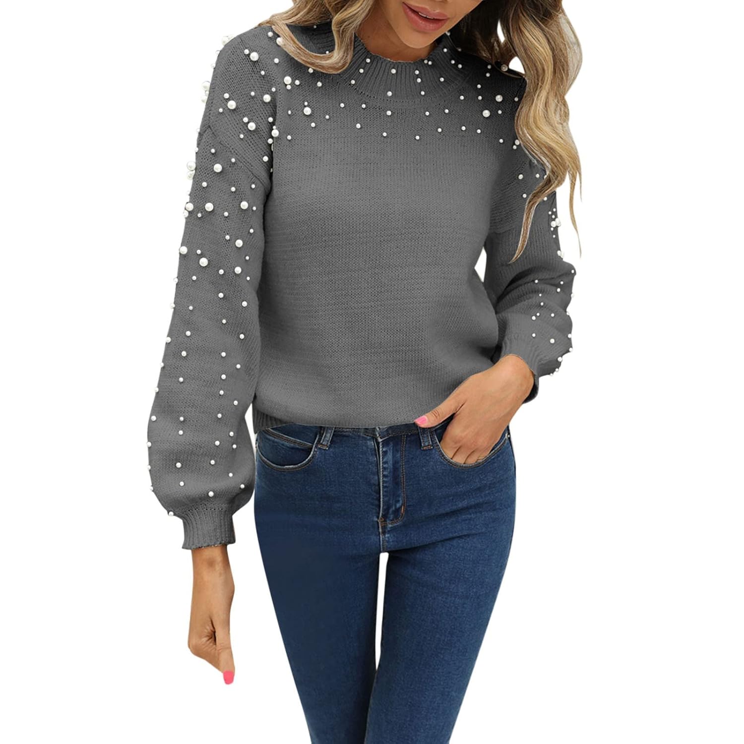 Pearl Sweater for Women 2025 Fashion Fall Lantern Sleeve Chunky Pullover Crewneck Casual Knit Sweaters with Pearls
