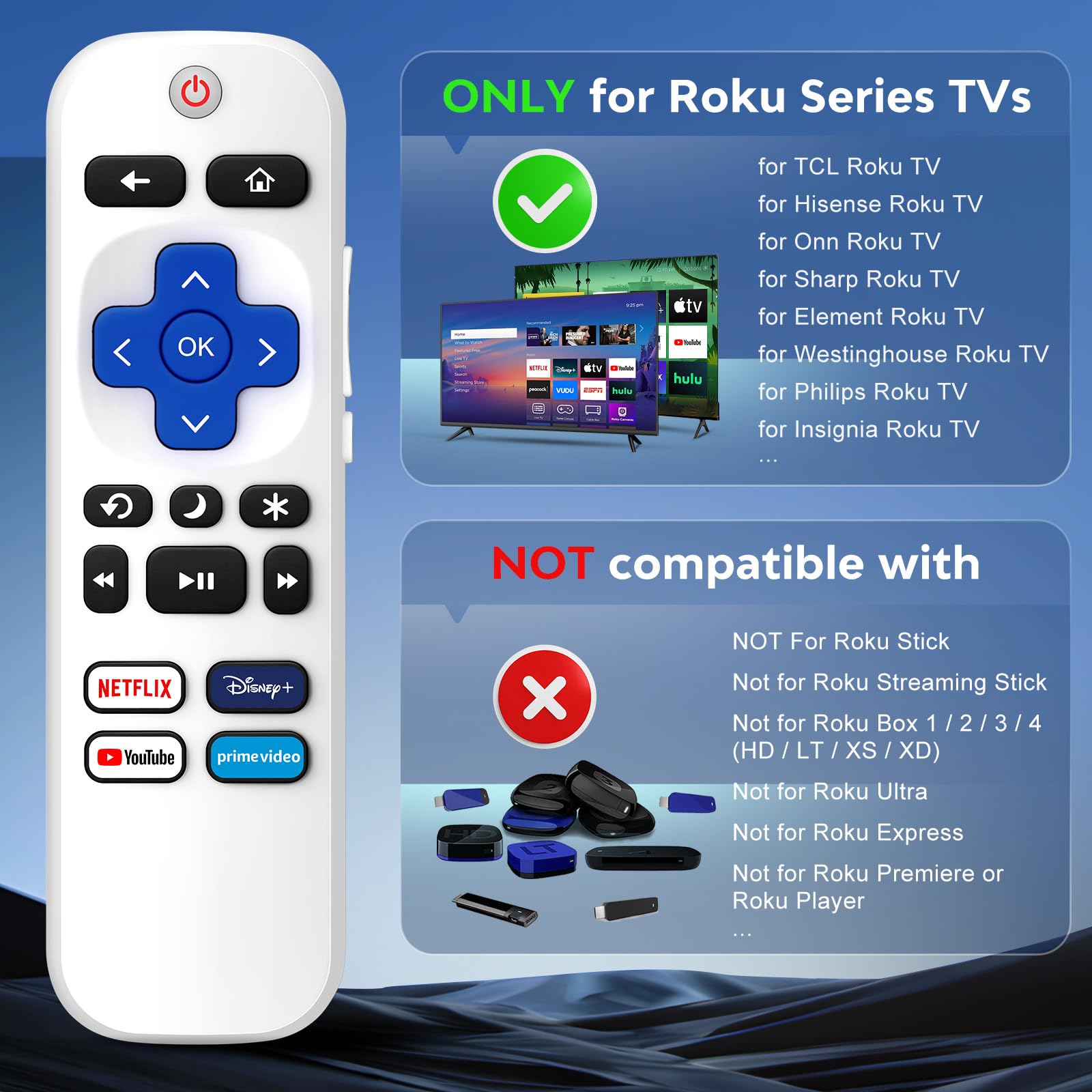(Pack of 2) Remote Control Only for TCL Onn Hisense Sharp Philips Westinghouse Insignia Element TLC Roku Smart TV Remotes Replacement-1 Year Warranty