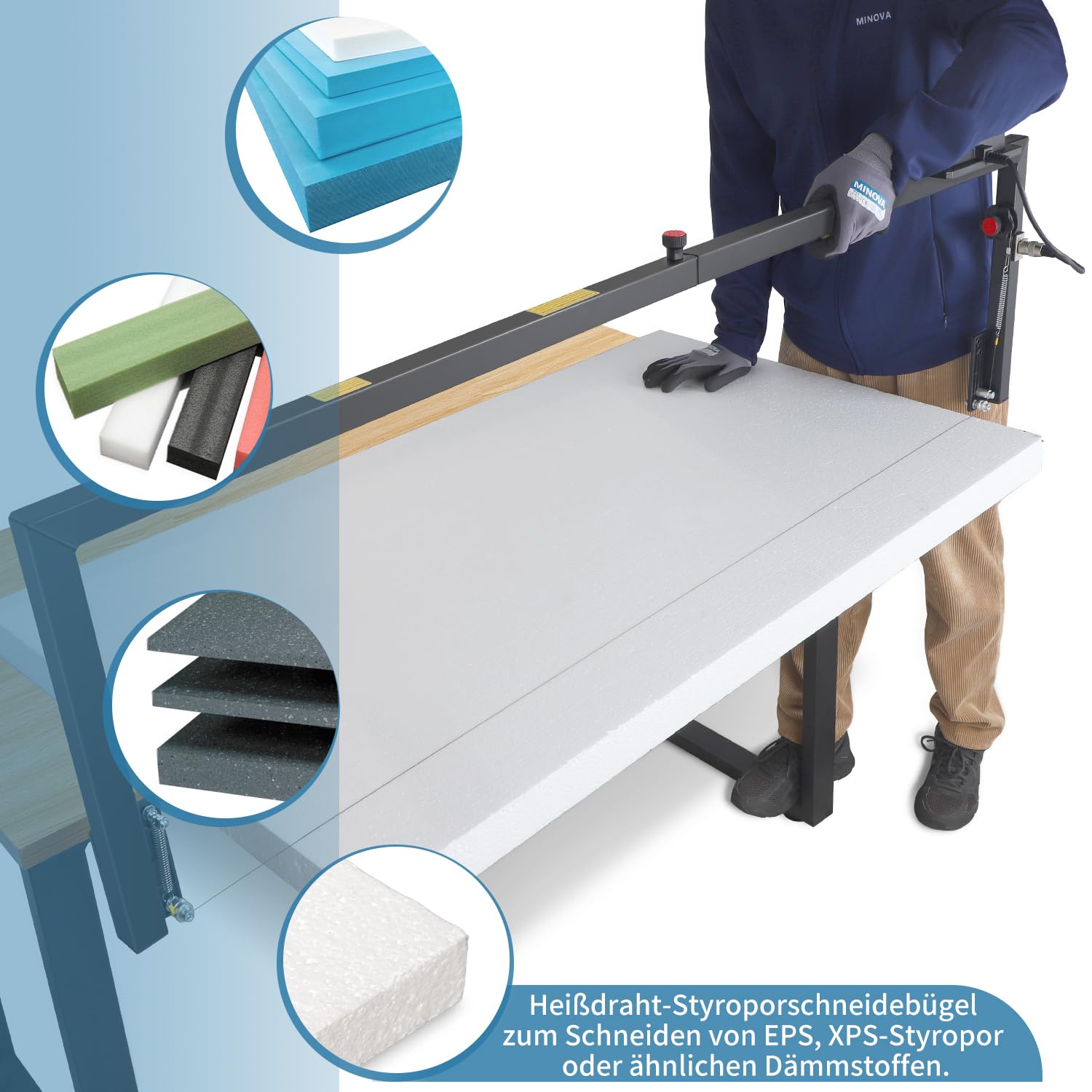MINOVA Schnittlänge 1.360 mm | Styroporschneider - Styrobow - Handschneidebügel mit BOS Batteriekonverter(ohne BOS AKKU)