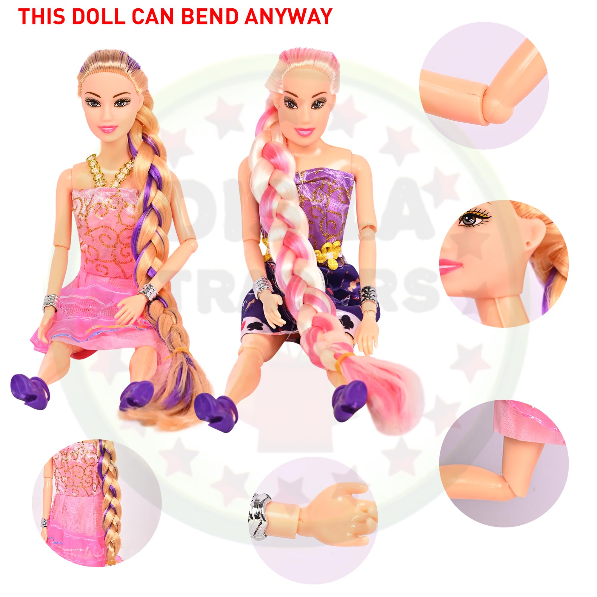 DISILA TRADERS Pretty 2 Sisters Dolls Set Mona & Dona for Girls | Beautiful Long Hair & Charming Eyes | Fashion Pretend Play Dolls for Girls | Bright Random Colors & Designs | Playset Gift 2