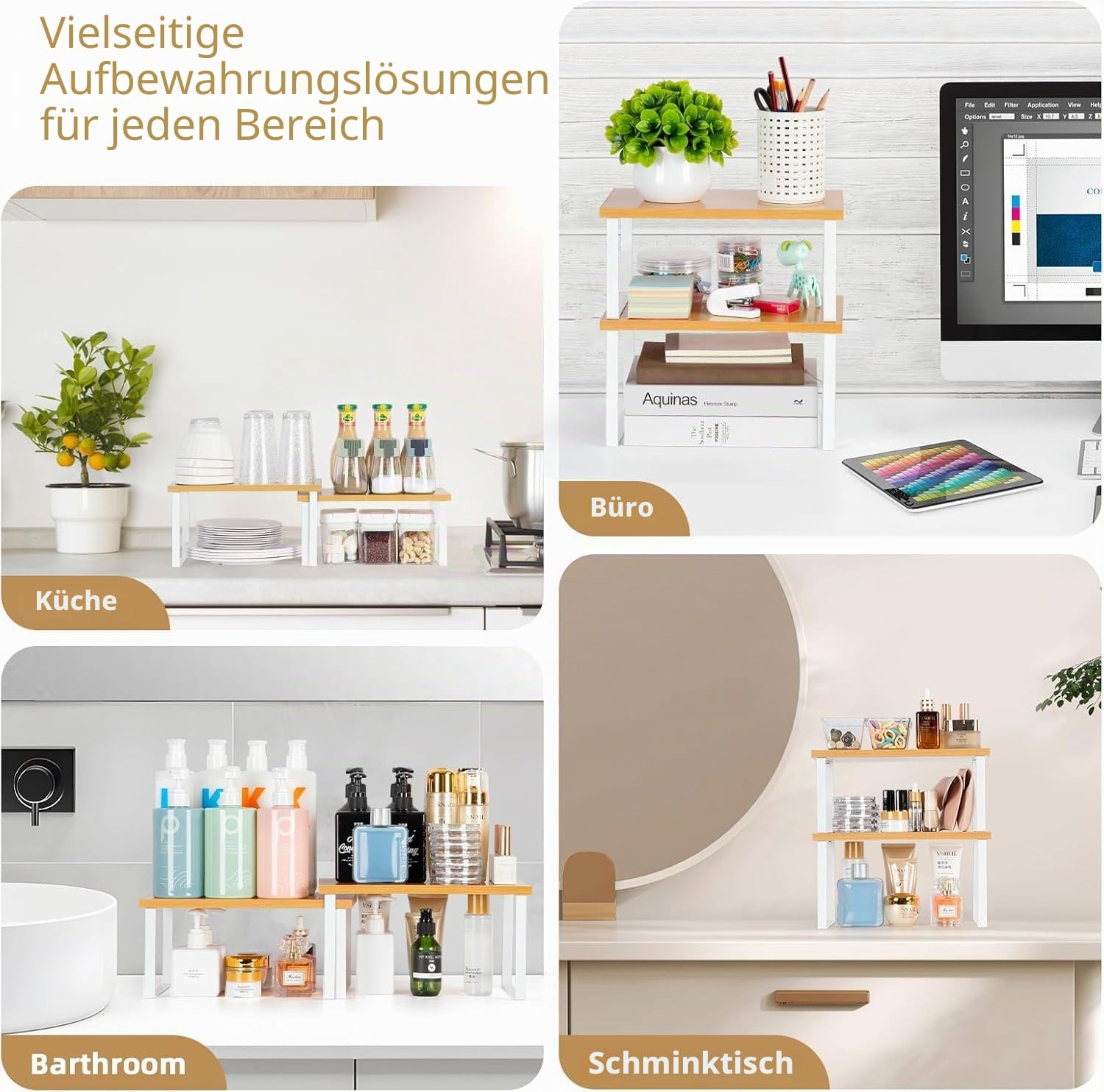 Gewürzregal/Küchenregale | Küchenaufbewahrung Gewürz-Organizer | Teller-Organizer für Schrank Stapelbar erweiterbar Metall Holzwerkstoff (COB-4M&L) | Schwarz | 4 Stück