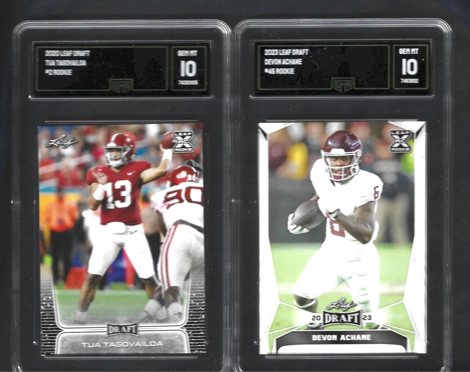 GEM MINT TUA TAGOVAILOA & DE"VON ACHANE LEAF 2 CARD ROOKIE LOT GRADED GMA GEM MINT 10 DOLPHINS SUPERSTAR QUARTERBACK & RUNNING BACK
