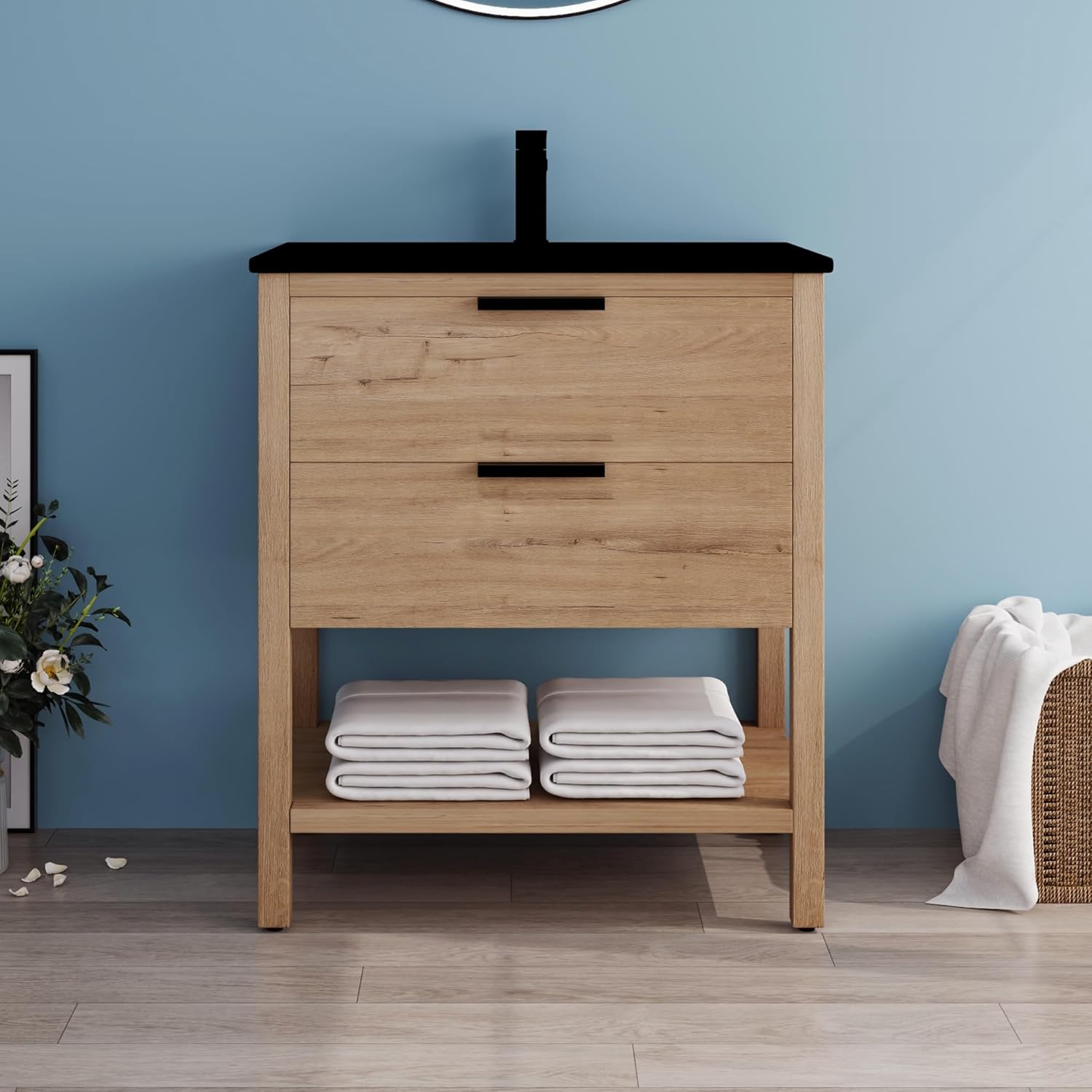 30 Inch Bathroom Vanity with Sink, 30" Freestanding Vanity with Open Shelf for Storage, Plywood Wooden Cabinet with Ceramic Sink, Modern Floor-Standing Cabinet Set, 2 Drawers with Compartments