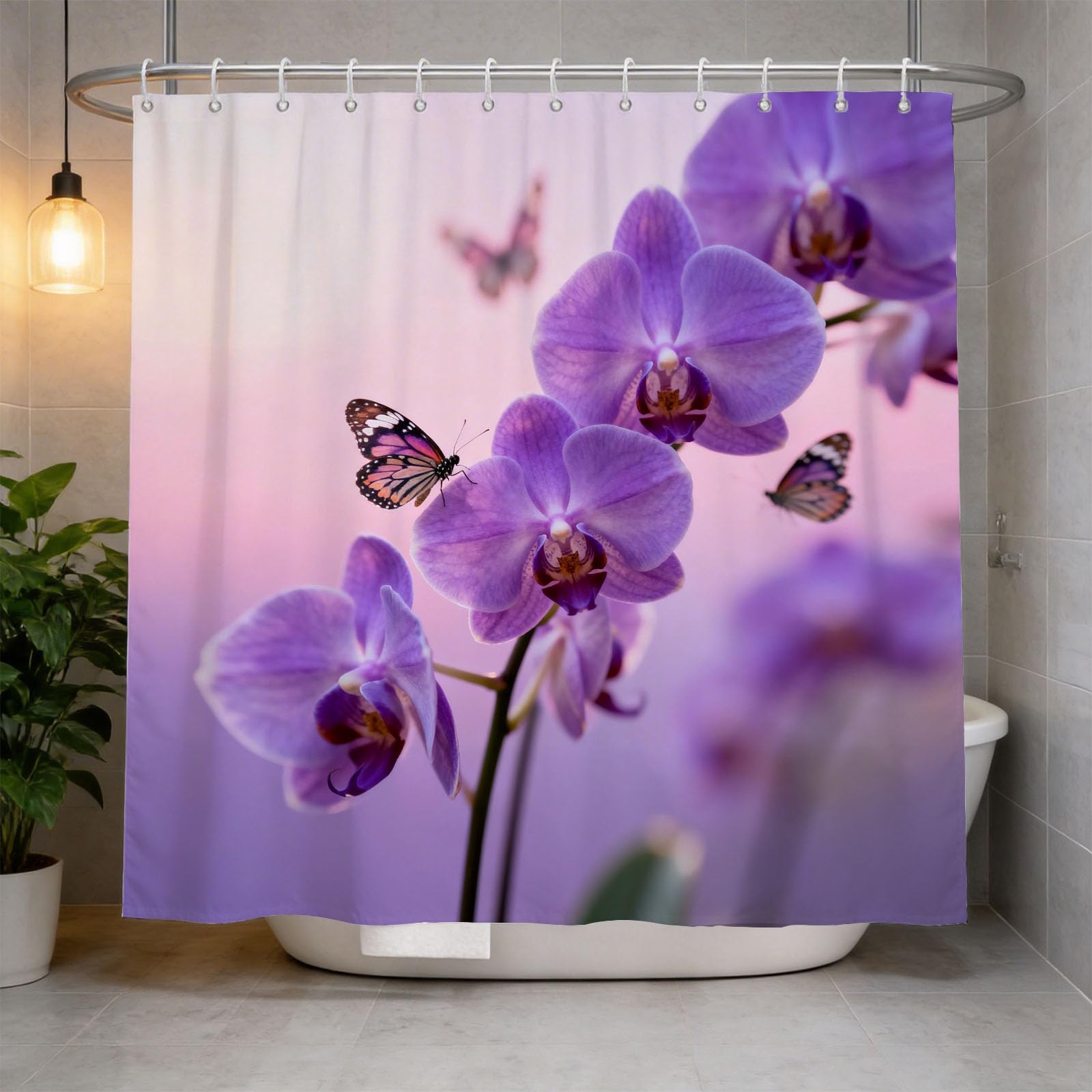 Hongduo White 3D Purple Orchid Shower Curtain For Stalls Bathtubs Flying Butterflies Bathroom Decor Shower Curtain Set Polyester Fabric Waterproof 180X200cm/71X79 Inch With Hooks