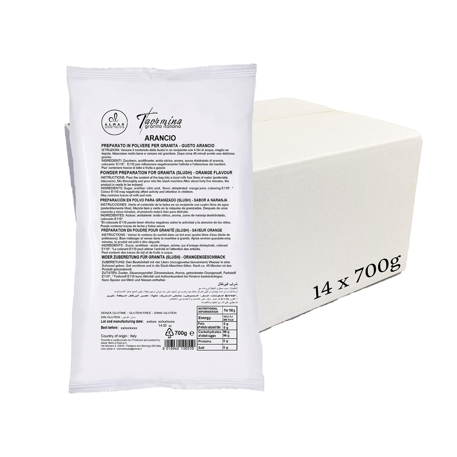 Almar Granita GUSTO ARANCIA Senza Glutine Senza Glicerolo - CONFEZIONE RISPARMIO 16 BUSTE DA 700G = 528 GRANITE
