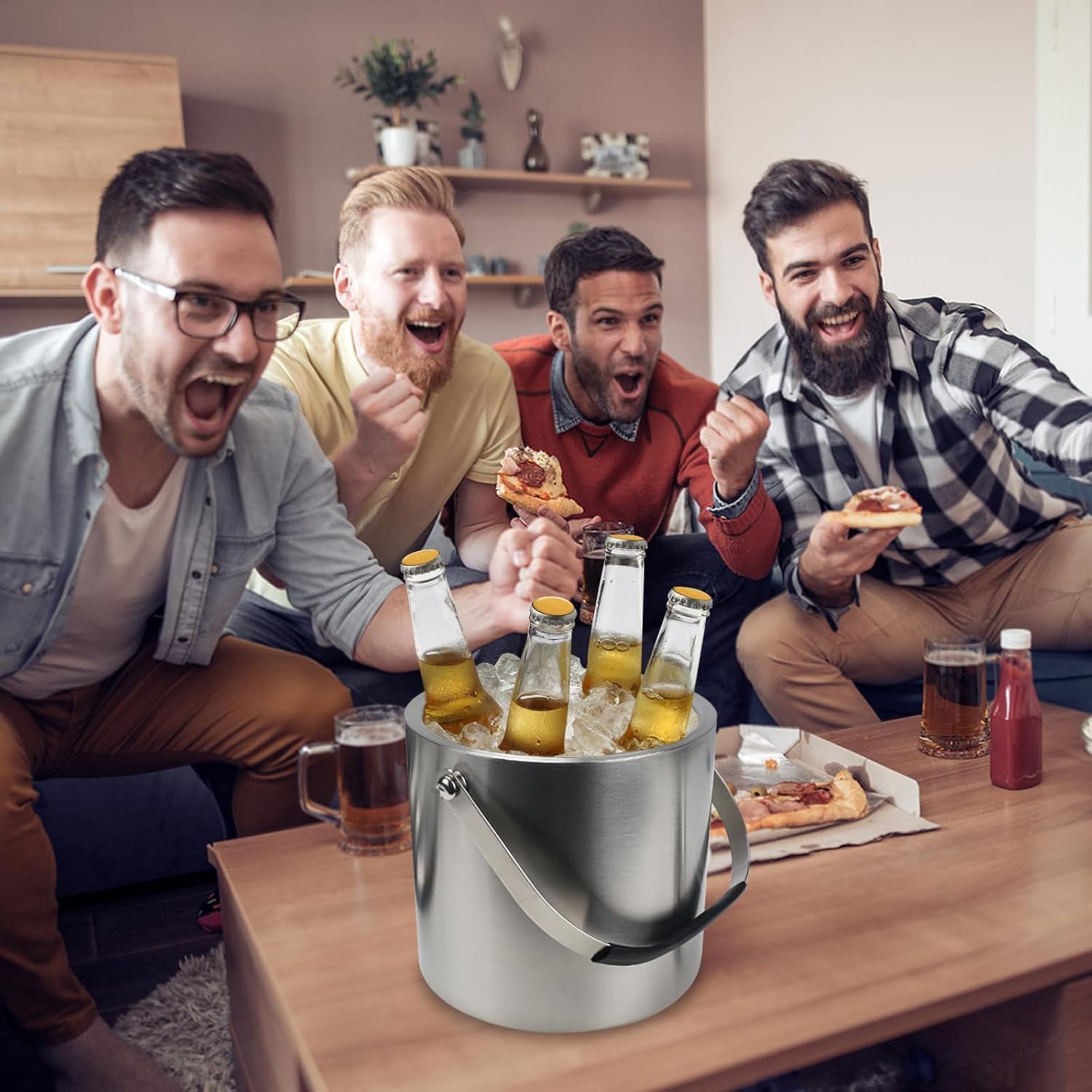 3L Secchiello Ghiaccio Vino Ghiaccio per Cocktail Porta Ghiaccio A Doppia Parete in Acciaio Inox Secchiello Per Ghiaccio con Coperchio Paletta Pinze E Colino per Cocktail Bar Feste Champagne