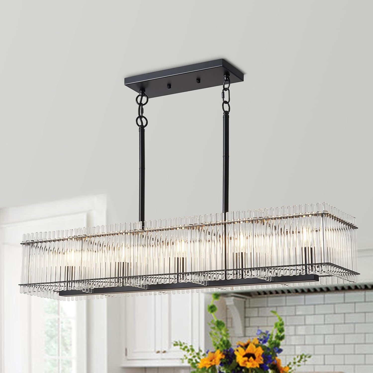 5-Light Modern Crystal Chandelier Luxury Black Dining Room Light Fixture Over Table Rectangle Farmhouse Hanging Pendant Lighting for Living Room, Kitchen Island Ceiling Lights Black & Crystal 5-LIGHT