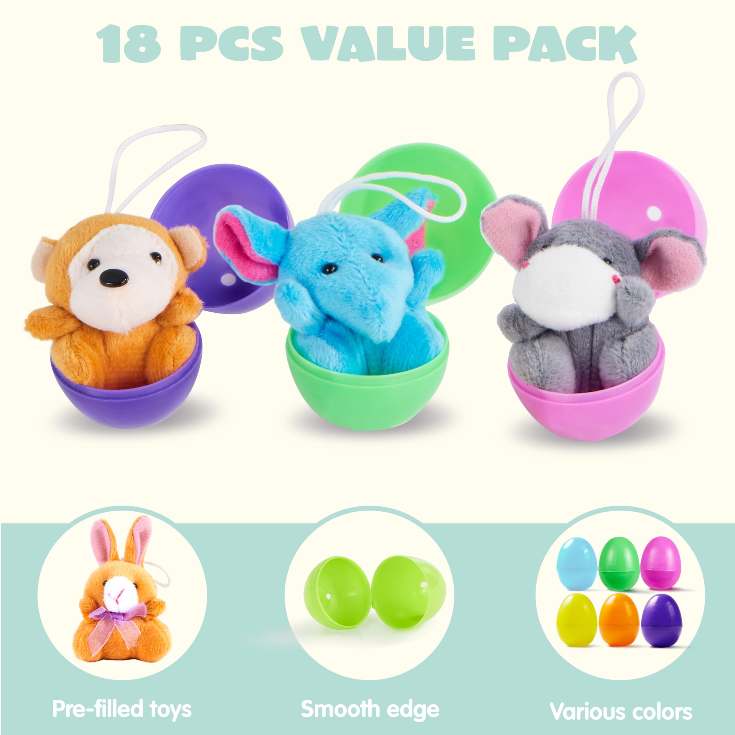 JOYIN 18 Pcs Pre-Filled Easter Eggs with Plush Animal Toys, Egg Filled Keychain for Kids Hunt Goodie Bag Fillers Basket Stuffers and Party Favor