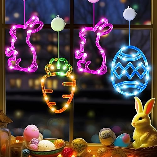 LYUBASA Paquete de 4 luces de ventana de Pascua con temporizador, funciona con pilas, para colgar en rosa, naranja, verde, azul, conejo, zanahoria,