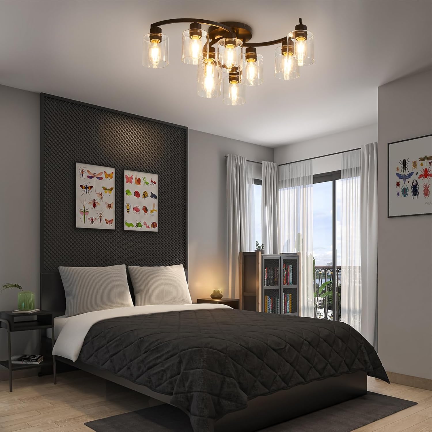 Semi Flush Mount Ceiling Light Fixtures, Black Kitchen Light Fixtures Ceiling Mount, 9 Light Industrial Ceiling Lights with Clear Glass Shade for Bedroom Hallway Living Room