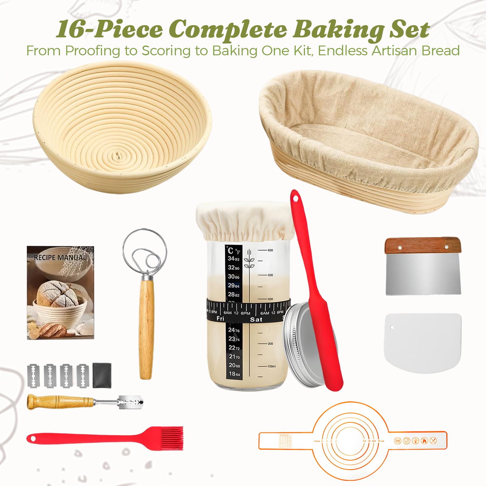 Kit de démarrage de 19 pièces, panier à pain rond de 28 cm et ovale de 29 cm, pot de démarrage de 730 ml, facile à plier et lavable, passe au micro-ondes, idéal pour les boulangers à domicile, les