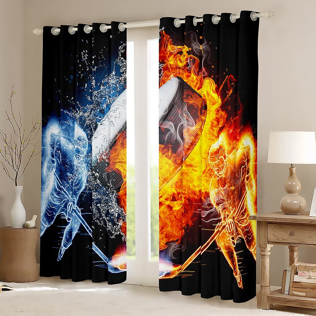Loussiesd Eishockey Vorhänge Eishockeyspieler Blickdichte Vorhänge für Kinder Jungen Mädchen Puck Sport Thema Fenstervorhang 245x140cm Wintersport Hobby Zimmer Dekor