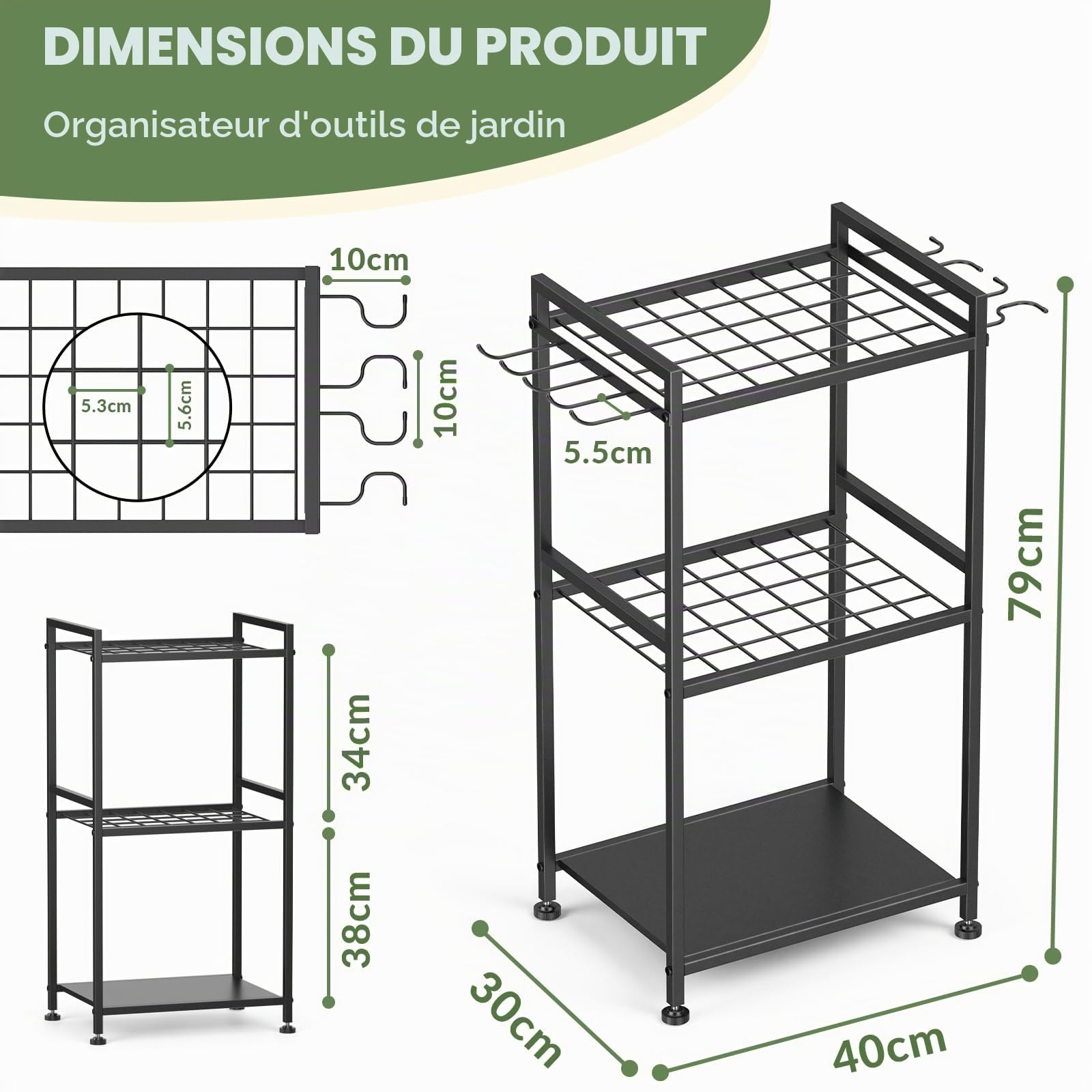 WELDUN Organisateur d'outils de jardin, étagère de garage, support à outils de jardin pour 35 outils à long manche, gestion de garage avec crochet pour abri de jardin, balai, serpillère, râteau, pelle