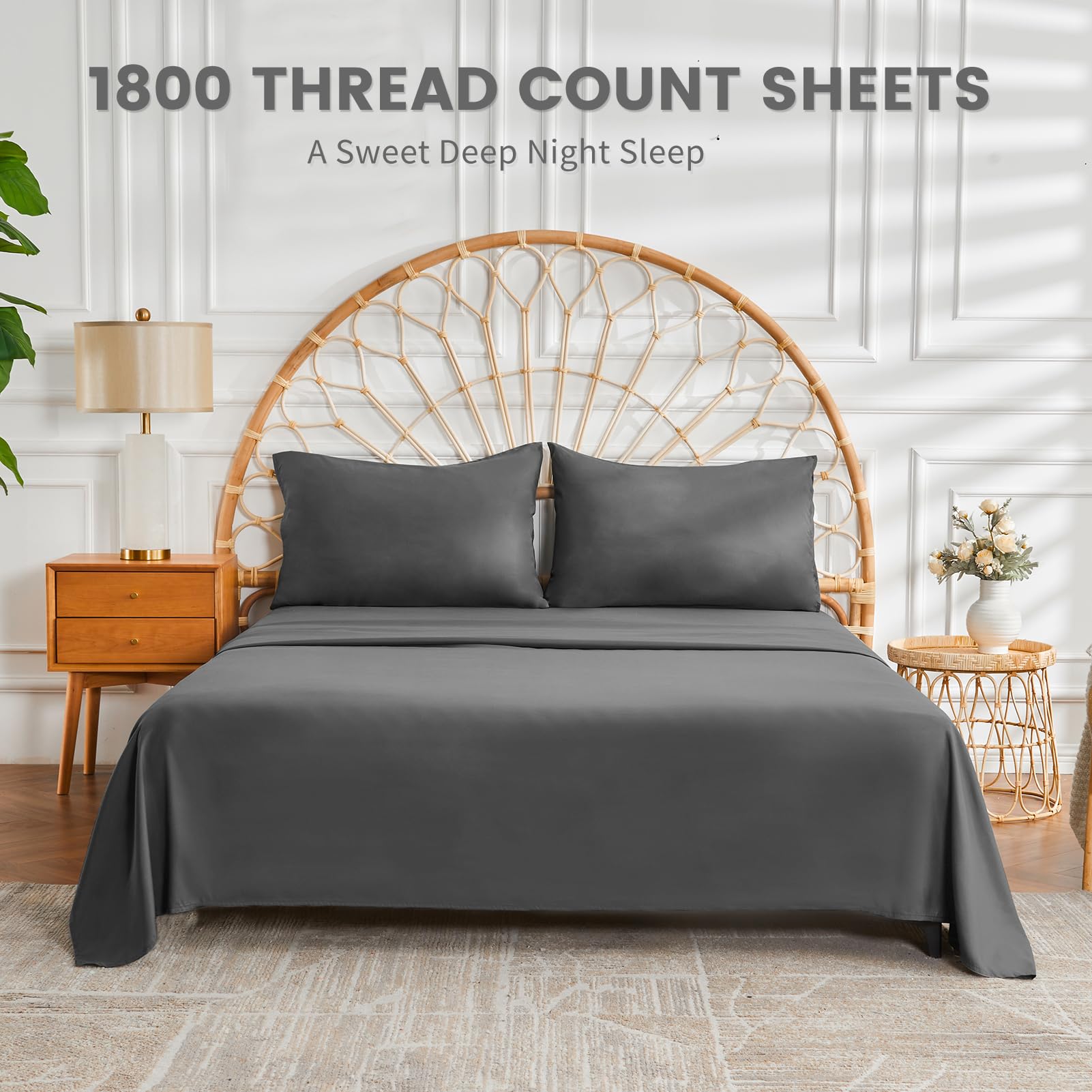 Bedlifes Queen Sheet Set- Cooling Sheets-Ultra Soft-Silky-Breathable-Deep Pocket- 1800 Series Bedding Set Microfiber Bed Sheets Queen Size Dark Grey 4 Pieces