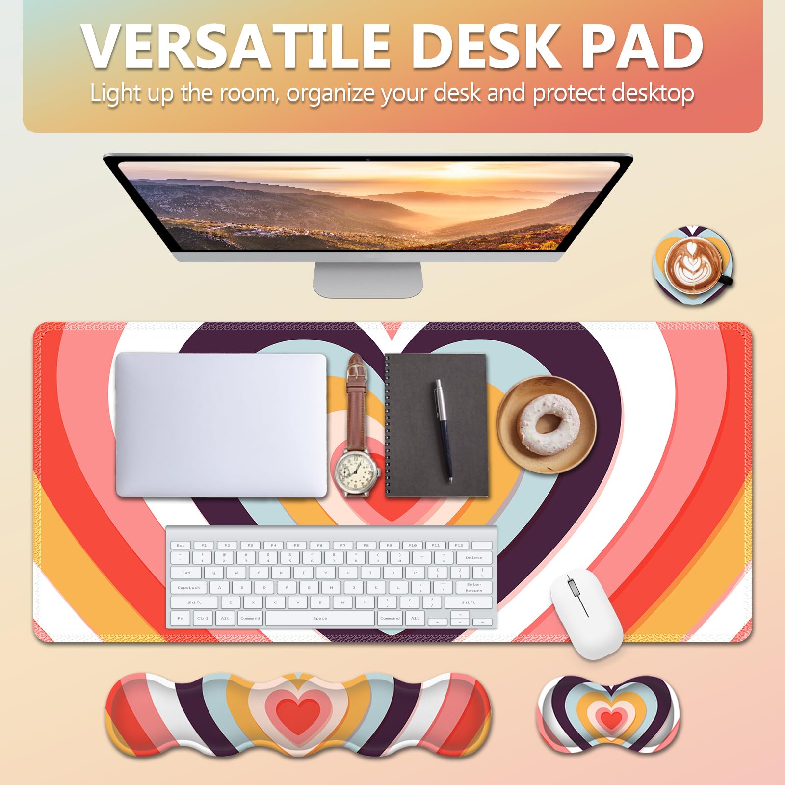 AIMSA Ensemble de tapis de souris pour clavier, grand tapis de souris de jeu + repose-poignet pour clavier + support de poignet de souris + dessous de verre, ensemble de sous-main, ensemble de tapis