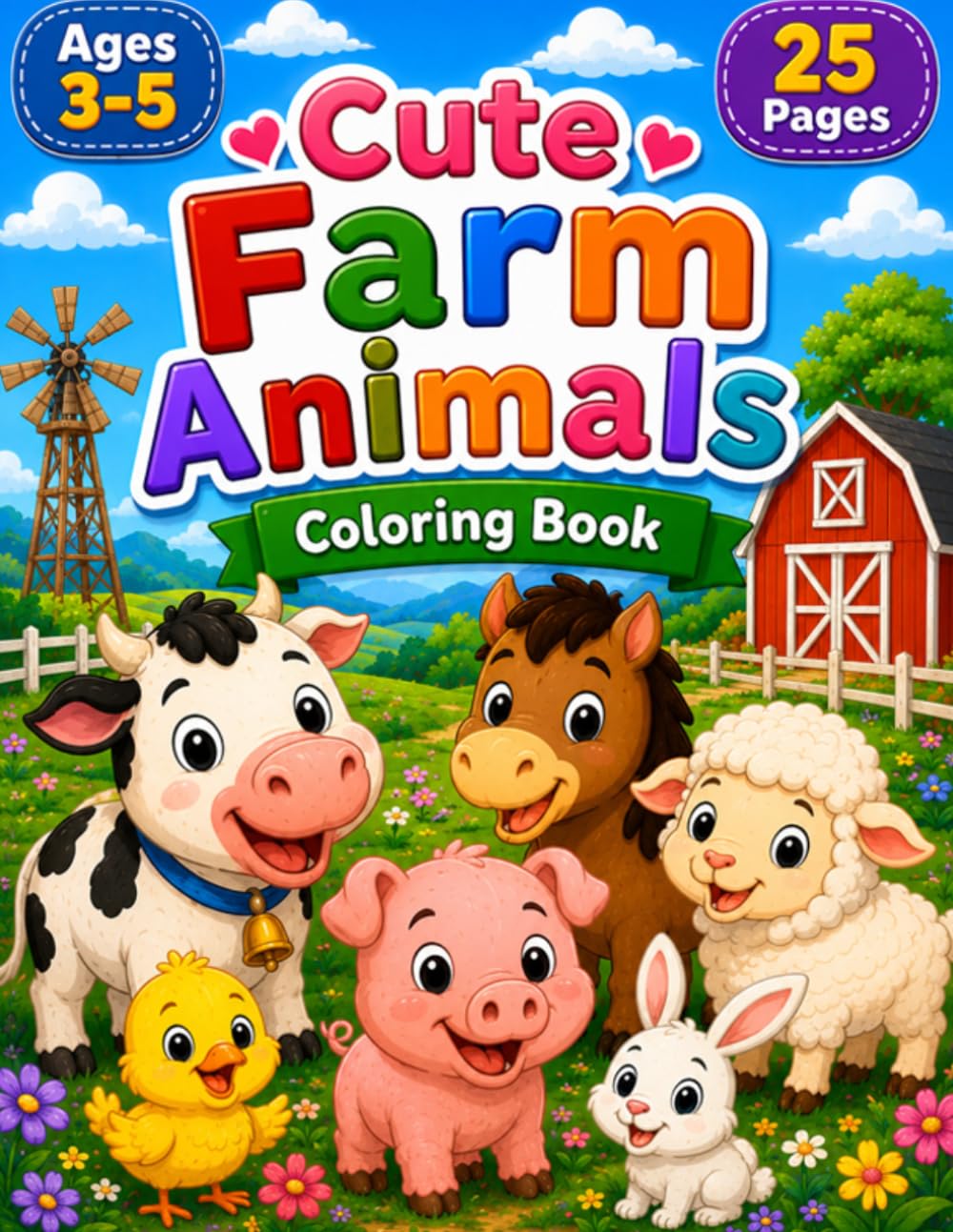 Cute Farm Animals: Cute Farm Animals Coloring Book ages 3 to 5 25 pages