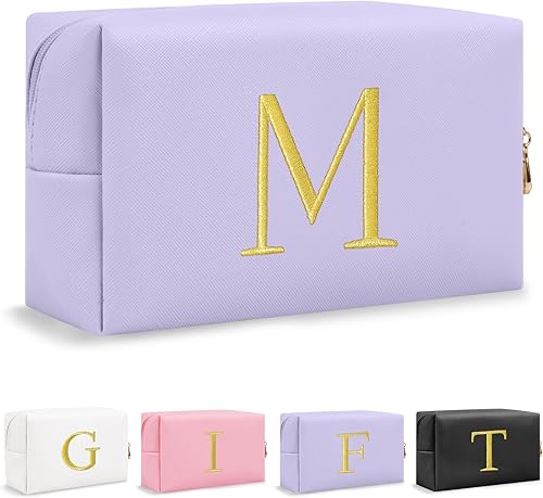 Miniatura 22 de Bolsa de Maquillaje con Inicial de Regalo Personalizado, Bolsa de Cosméticos Preppy con Letra Bordada Dorada, Rellenos de Calcetín para Chicas Blanco