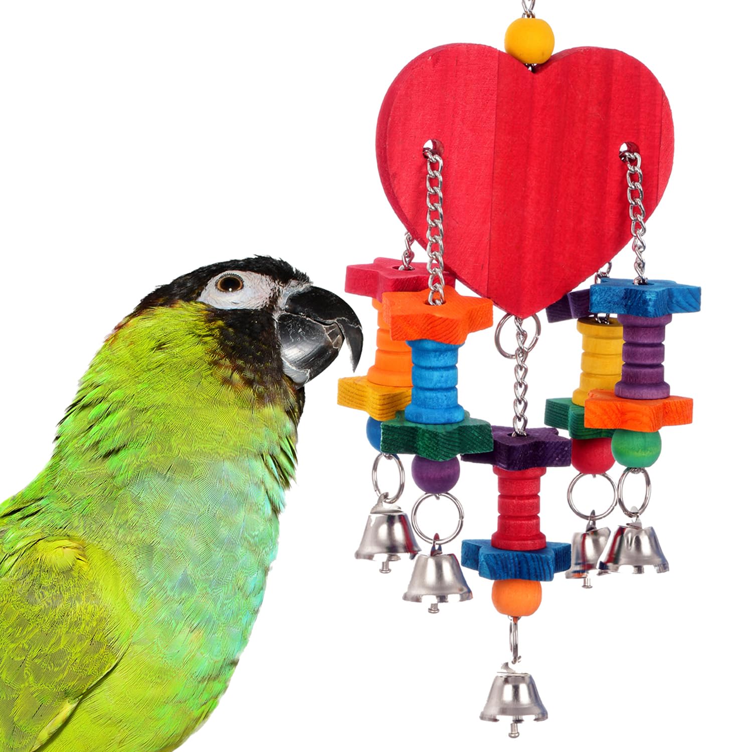 Super Bird Creations SB1227 Tweet Heart Bird Toy - Colorful Wooden Shapes with Liberty Bells - Engaging Heart Toy & Melodic Bells for Instinctual Drive - Ideal for Medium Bird Size Parrots Canaries