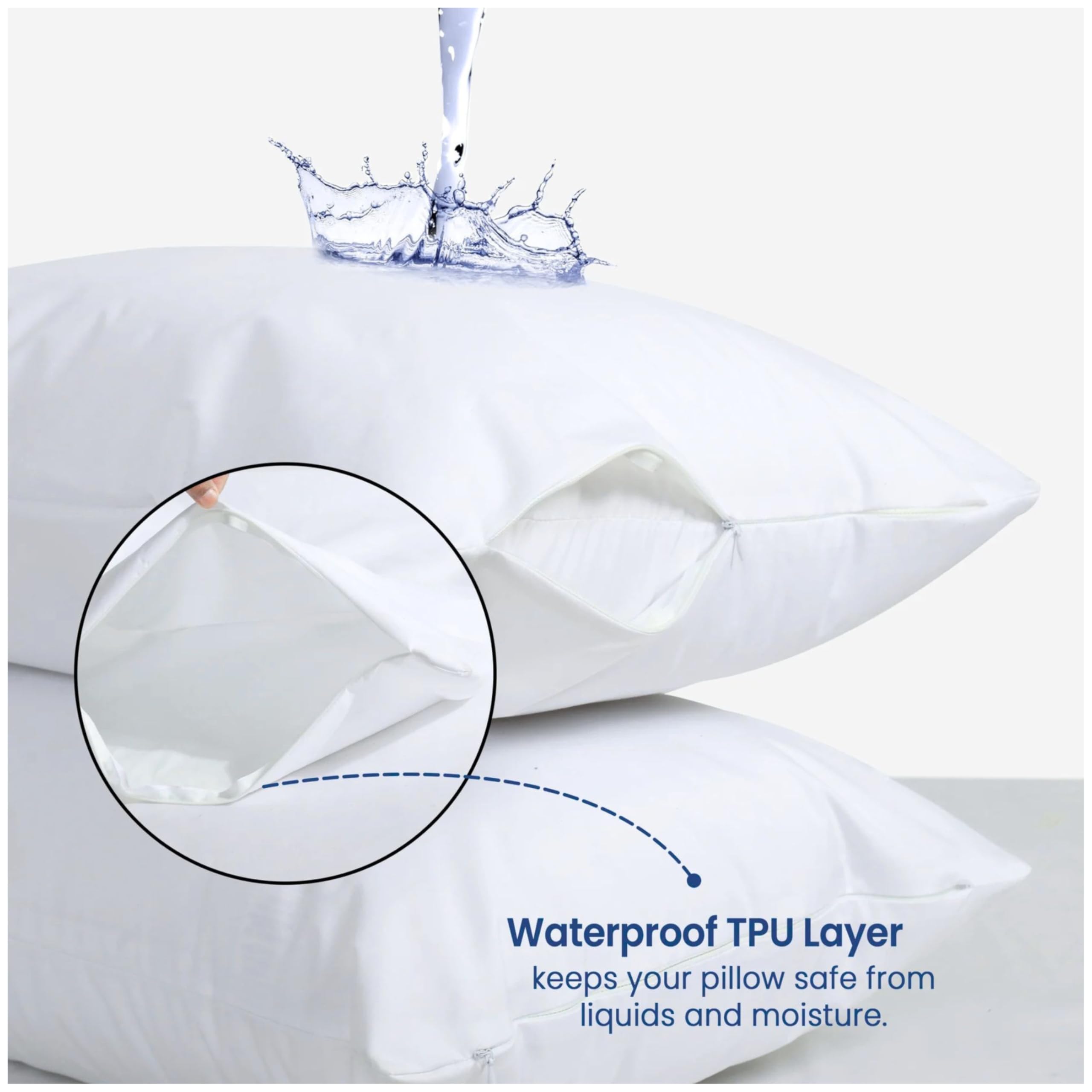 Waterproof Pillow Protectors with Zipper Queen Size 2 Pack Zippered Pillow Covers, Breathble and Noisless Pillow Encasements, Moisture Wicking Pillowcases - 2