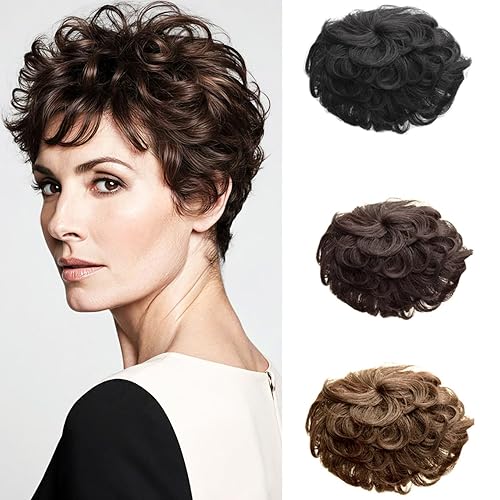 Extensiones de cabello humano natural con cierre de cabello rizado, color marrón oscuro, postizo corto y rizado, repuesto de cabello para mujeres