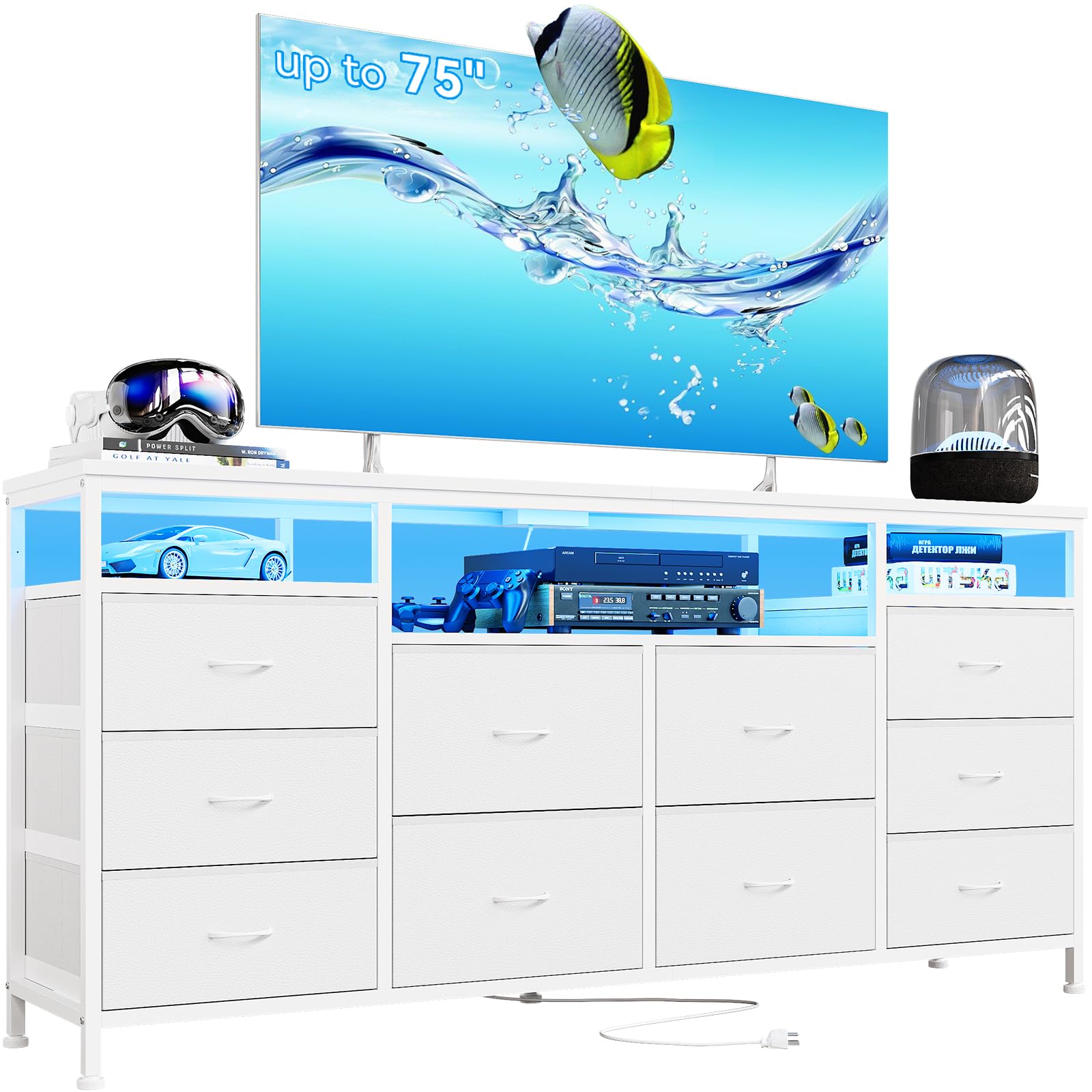 Patikuin 10 Drawer Dresser TV Stand for 65 70 75 Inch Tv, 63" W Entertainment Center, Long Fabric Chest of Drawers Dresser for Bedroom with Led Lights