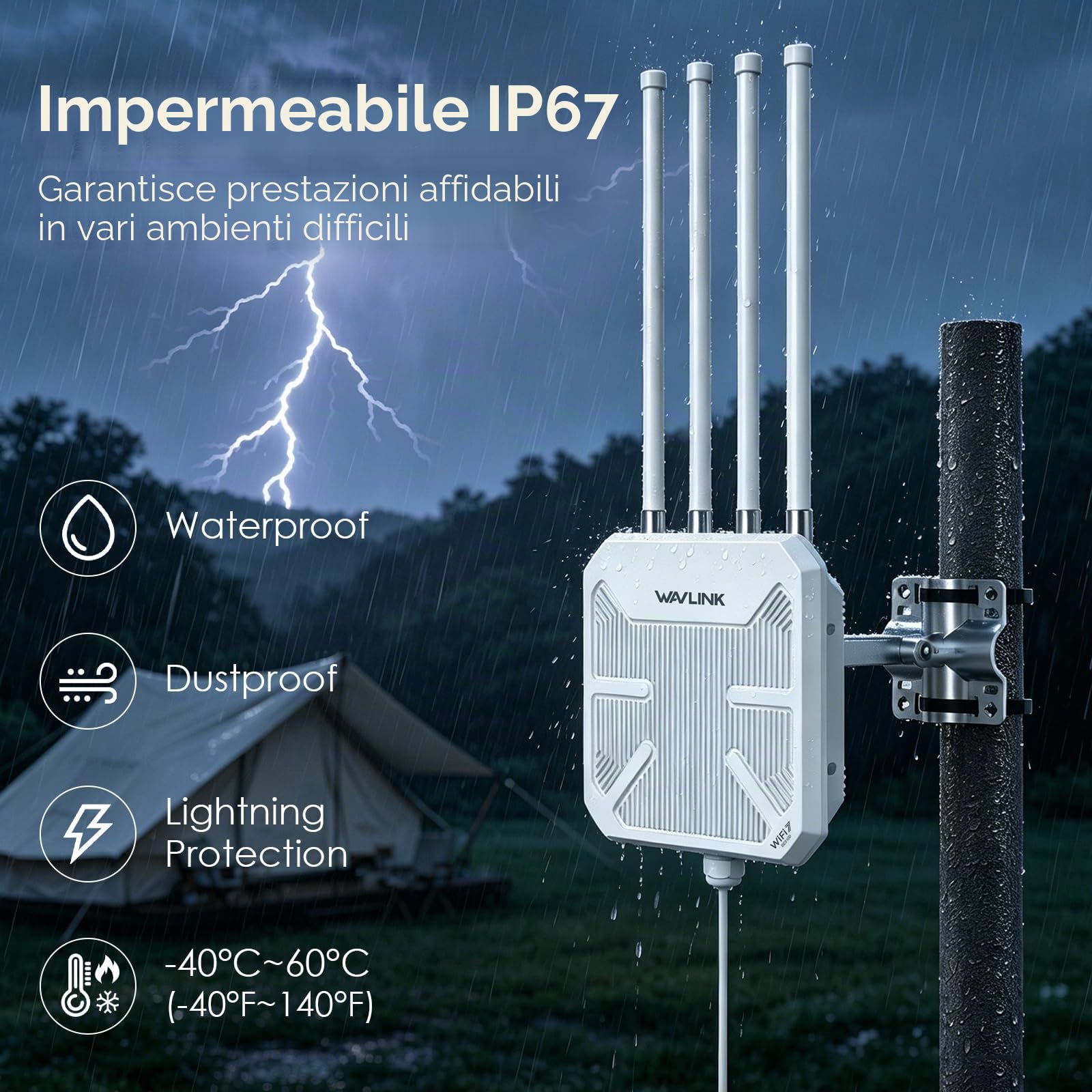 WAVLINK WiFi 7 Outdoor Mesh BE5100 – Router & Access Point impermeabile IP67 con PoE, Antenne 8 dBi, Protezione contro i fulmini per fattorie, giardini e uso commerciale