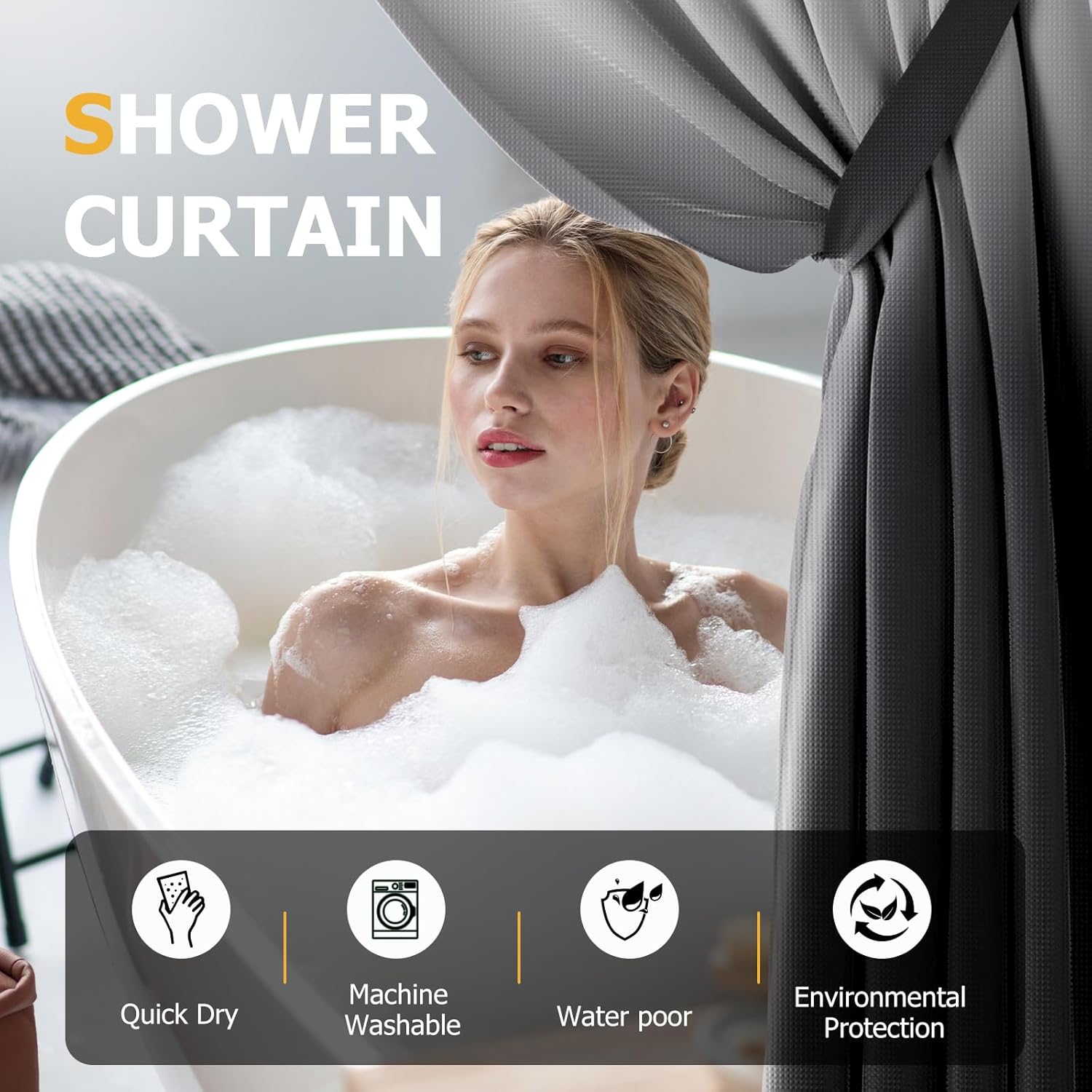 15 Pcs Shower Curtain Set Black Bathroom Sets with Shower Curtain and Rugs Ombre Waterproof Thicken Waffle Shower Curtain with 2 Piece Non-Slip Luxury Bathroom Rugs and 12 Hooks for Bathroom Decor