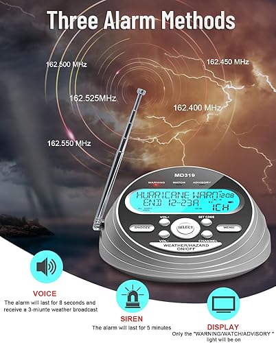 Miniatura 3 de Radio de alerta meteorológica NOAA S.A.M.E. Programación localizada, radio de emergencia con más de 80 alertas de emergencia, reloj despertador,