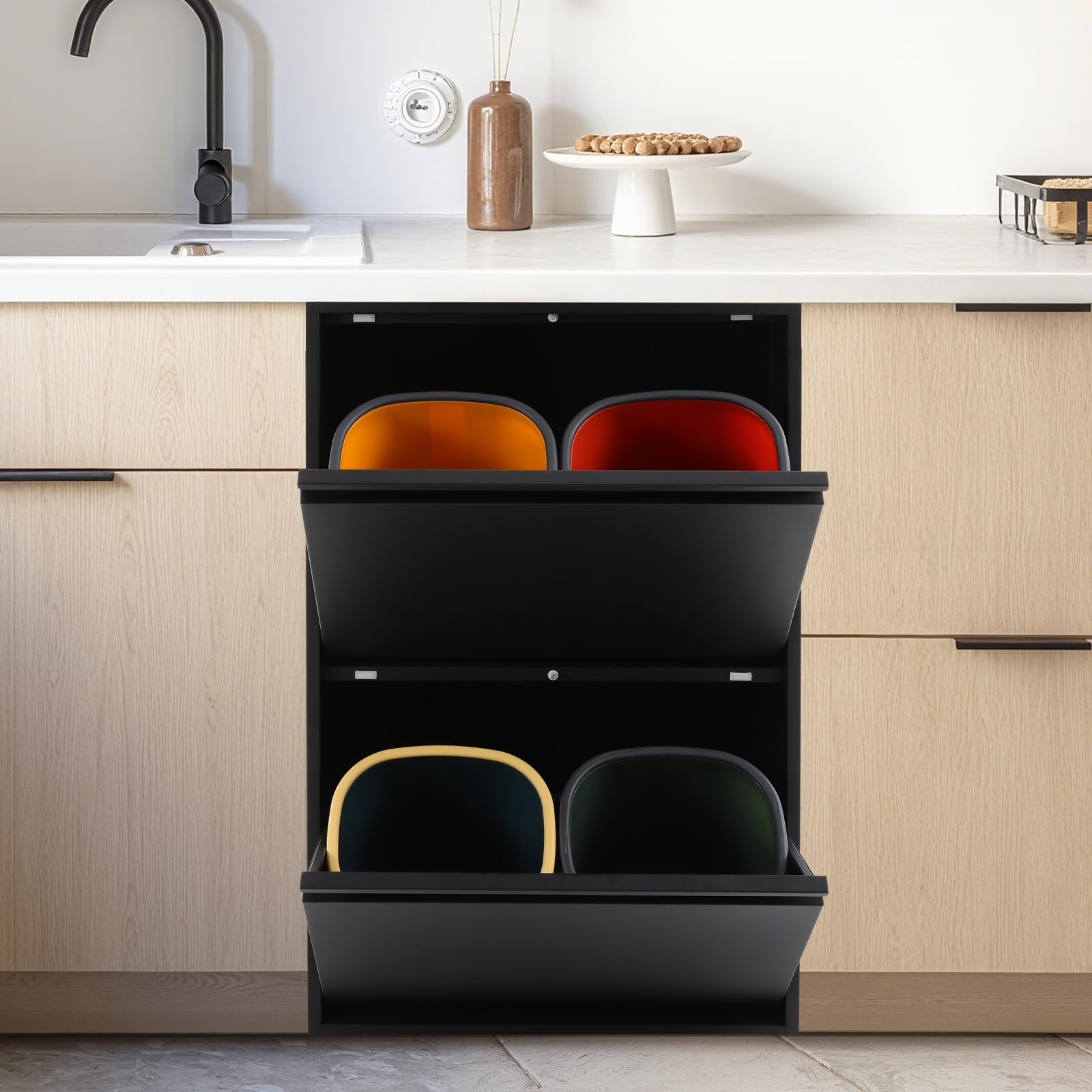Cubo de basura de cocina, 4 x 15 L, sistema de separación de residuos de gran capacidad, cubo de basura con puertas abatibles, armario reciclado para hogares, oficinas, espacios comerciales