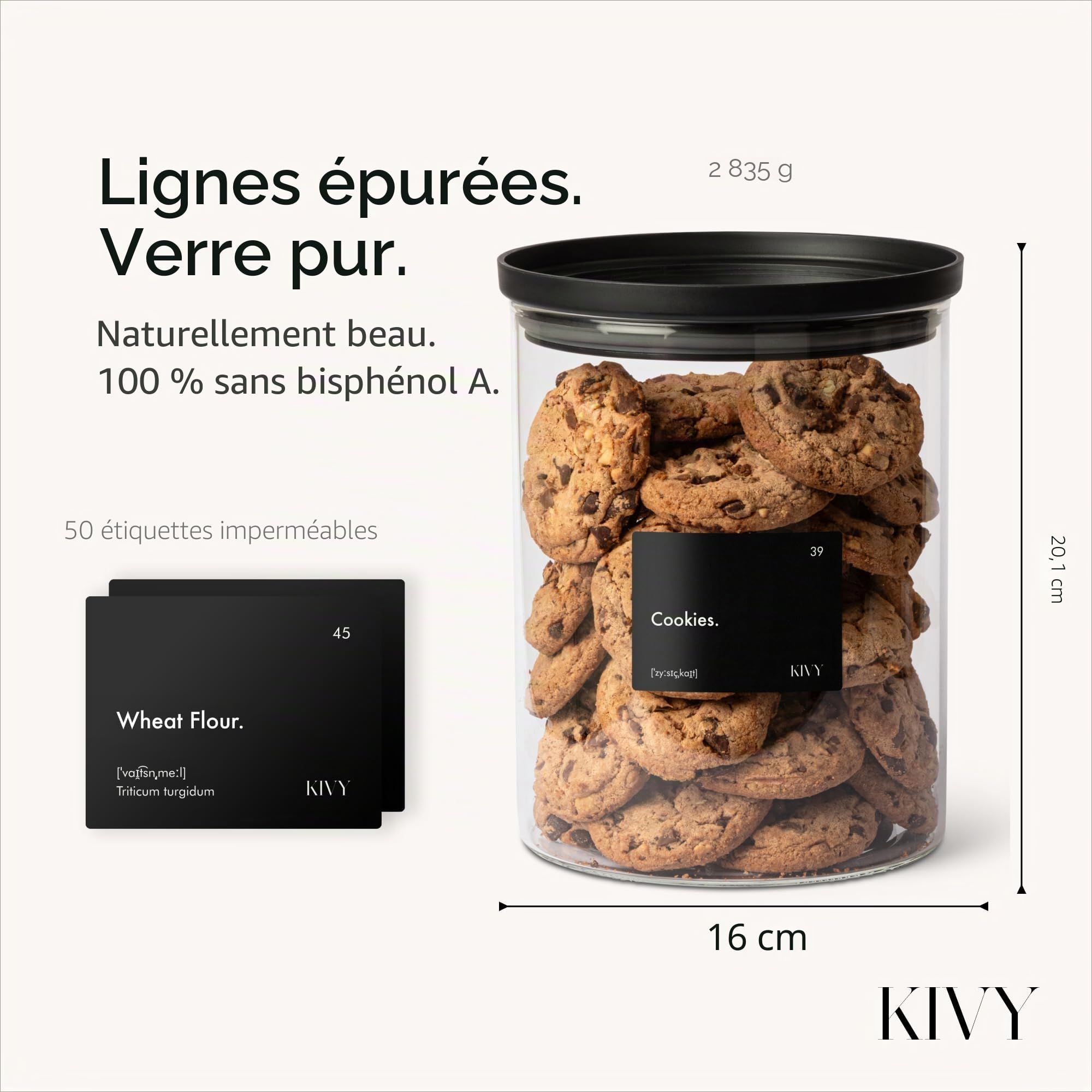 KIVY Lot de 6 petits bocaux de conservation en verre transparent - 350 ml - Boîtes à épices hermétiques empilables - Récipients à épices en verre - Tiroir à épices