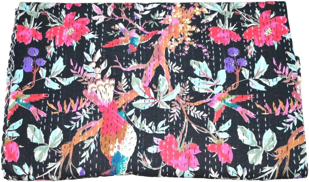 YUVANCRAFTS Indian Handmade Cotton Kantha Quilt Traditional Floral and Birds Print Queen Quilt Blanket Bedspreads Throw