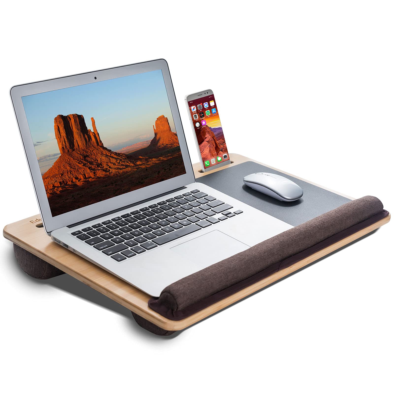 Lap Desk for Laptop - EduSoho Laptop Bed Desk and Writing Fits up to Laptop Lap Desk 17 inch, Lap Desk with Cushion, Wrist Rest & Mouse Pad, Laptop Lap Tray with Tablet, Pen & Phone Holder, Brown