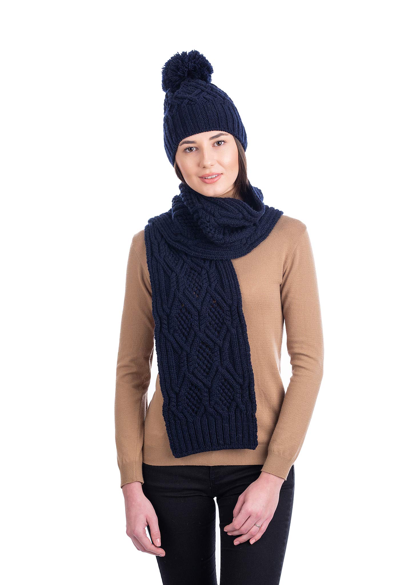 SAOLSAOL - 100% Merino Wool Irish Aran Cable Knit Bobble Hat for Women