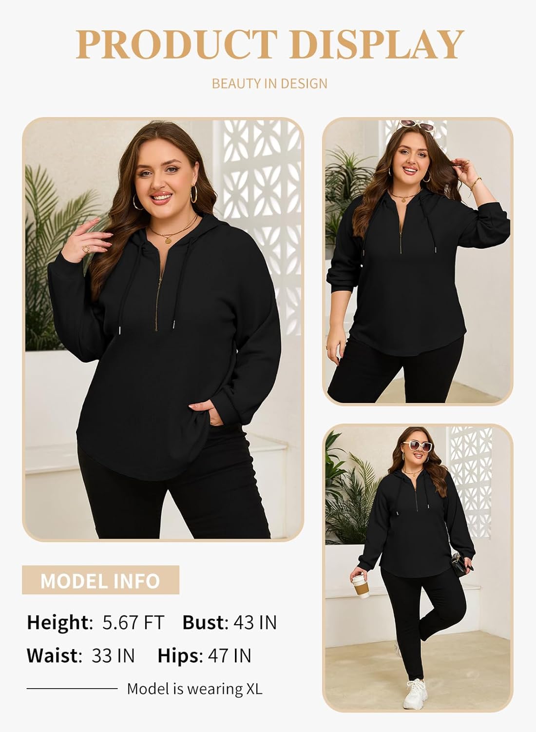 Eytino Plus Size Sweatshirts for Women Waffle Knit Long Sleeve Drawstring Half Zip Fall Fashion Pullover Hoodies Tops(1X-5X) - Image 3