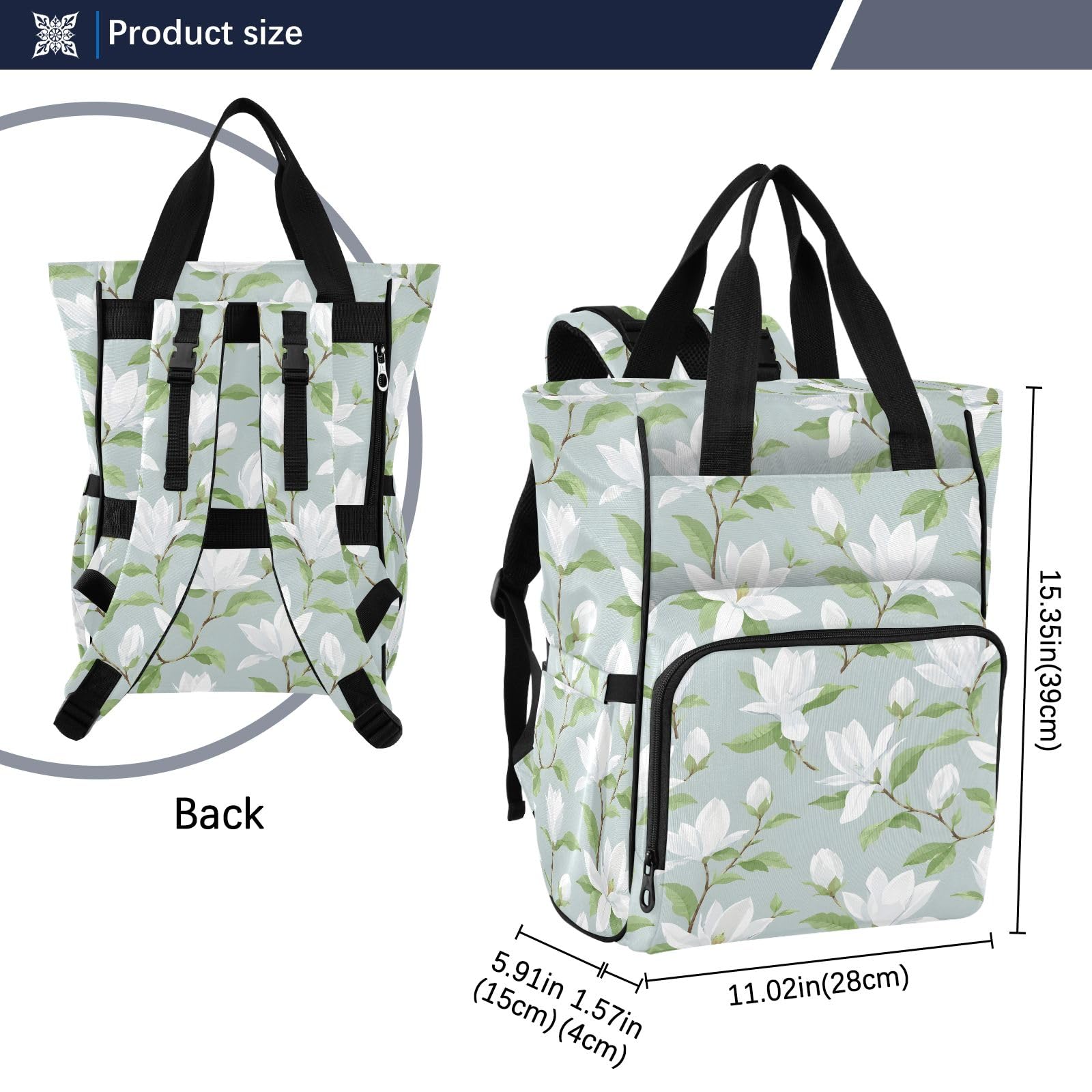 Mnsruu Borsa per pannolini da viaggio impermeabile, con motivo Gardenia, per mamme e papà, colore: bianco