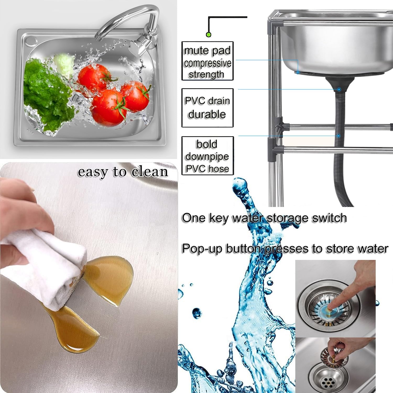 Fregadero Portátil de Cocina de Acero Inoxidable Comercial - Pie Libre, Exterior Jardín Sin Grifo - Para Bar, Restaurante, Lavandería, Hotel y Hogar (37x31x60cm)