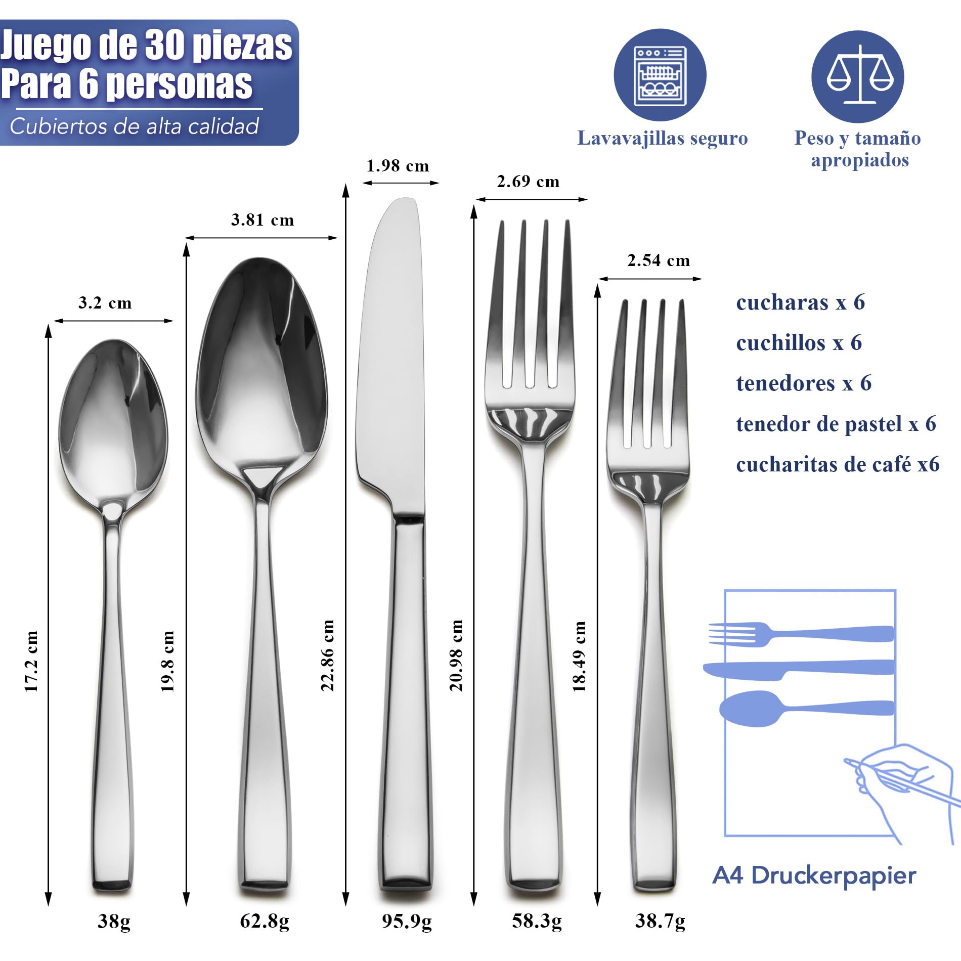 Cuberterias completas 6 personas, EIUBUIE juego de cubiertos, 30 piezas | mangos únicos, agarre uniforme, pulido espejo, cubiertos acero inoxidable, apto para lavavajillas, cuchillo cuchara tenedor