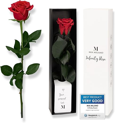Mia Milano Red Rose with Long Stem (lasts 5 years) in Gift Box | Decorative Gift for Her | Preserved Flower with Rose Fragrance | Gift Card Included