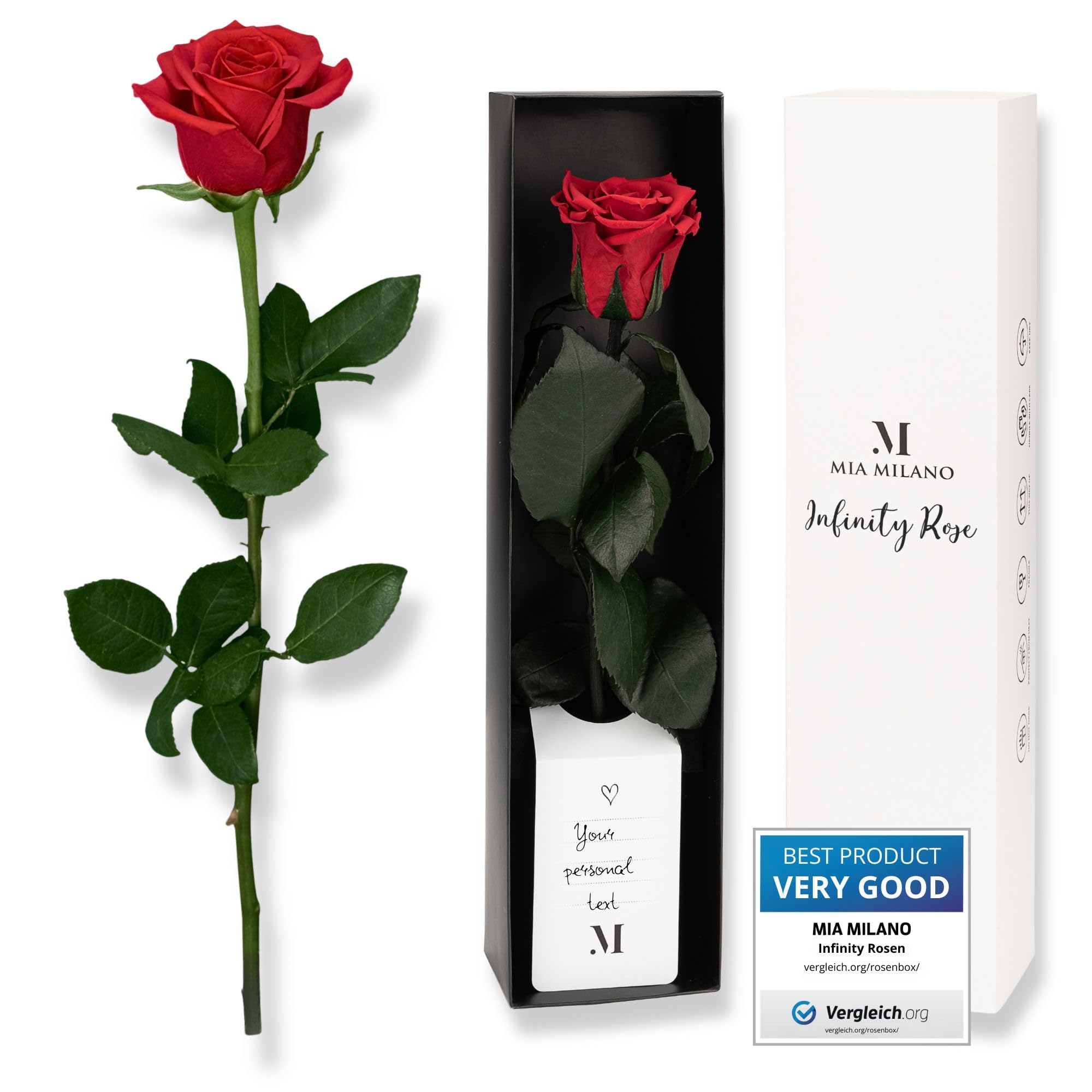 Mia Milano Rosa rossa con gambo lungo (durata 5 anni) in scatola regalo | Regalo decorativo per lei | Fiore conservato con profumo di rosa | Inclusa cartolina regalo