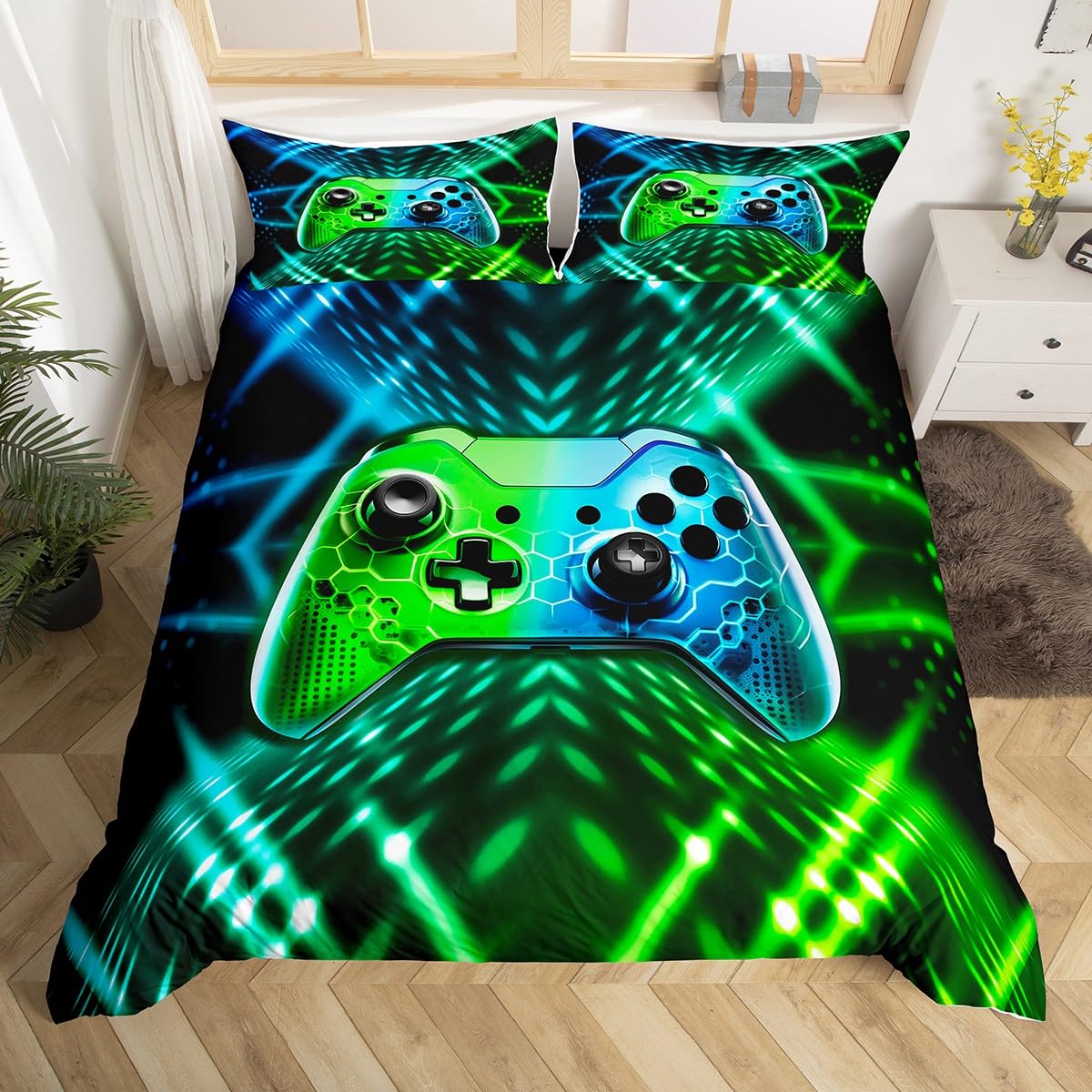 Homemissing Kids Boys Gamer Duvet Cover Set King Size Gaming Bedding Set Neon Gamepad Duvet Cover with 2 Pillowcases Game Room Decor Bedding — image 1