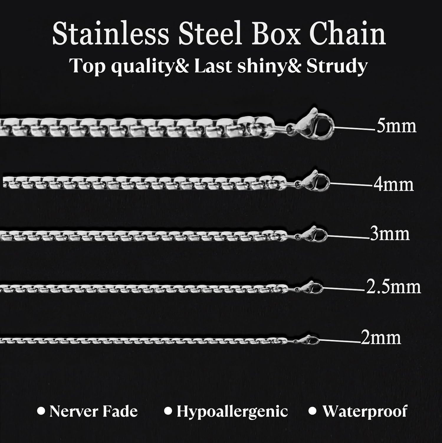 Stainless Steel Round Box Link Chain Necklace 2mm/2.5mm/3mm/4mm/5mm Silver Tone Hypoallergenic Jewelry for Men and Women with Lobster Clasp 16 to 30 Inch - Image 2