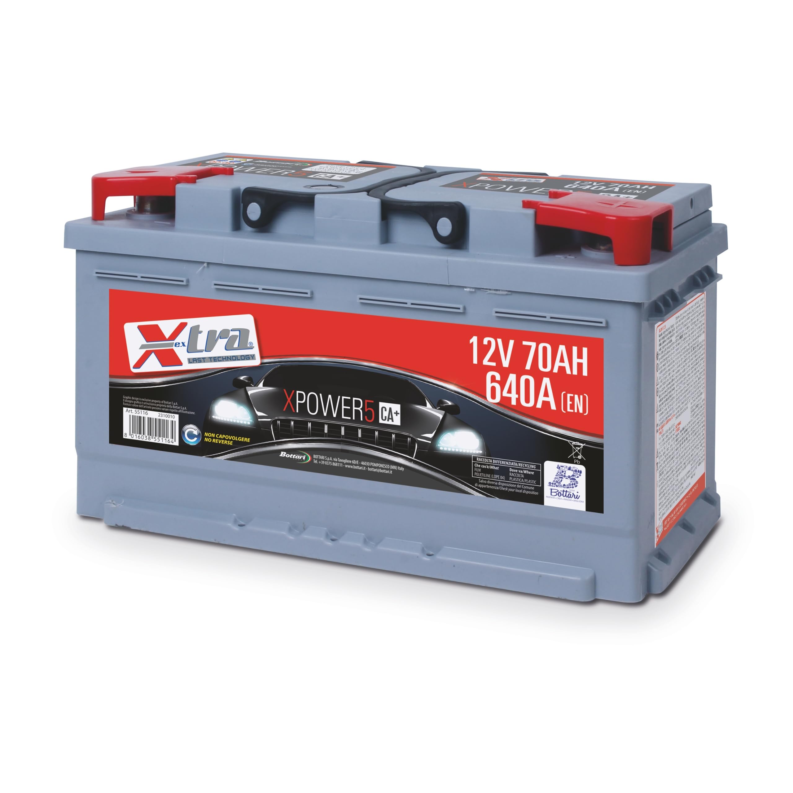 Bottari 55116 Akumulator 12V 70 Ah X-Tra 640A, Biegun Dodatni po Prawej Stronie, Wymiary 277 x 175 x 190 mm, Złącza Standardowe