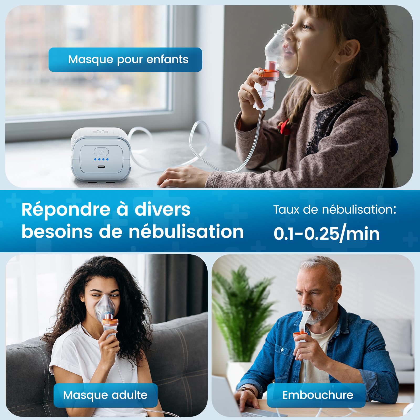 Nébuliseur à Ultrasons à Compresseur Silencieux - Nébuliseur Inhalateur Portable Puissance, Adapté Aux Enfants et Aux Adultes, Avec Tuyau Respiratoire et 2 Masques, Vitesse de Nébulisation Réglable