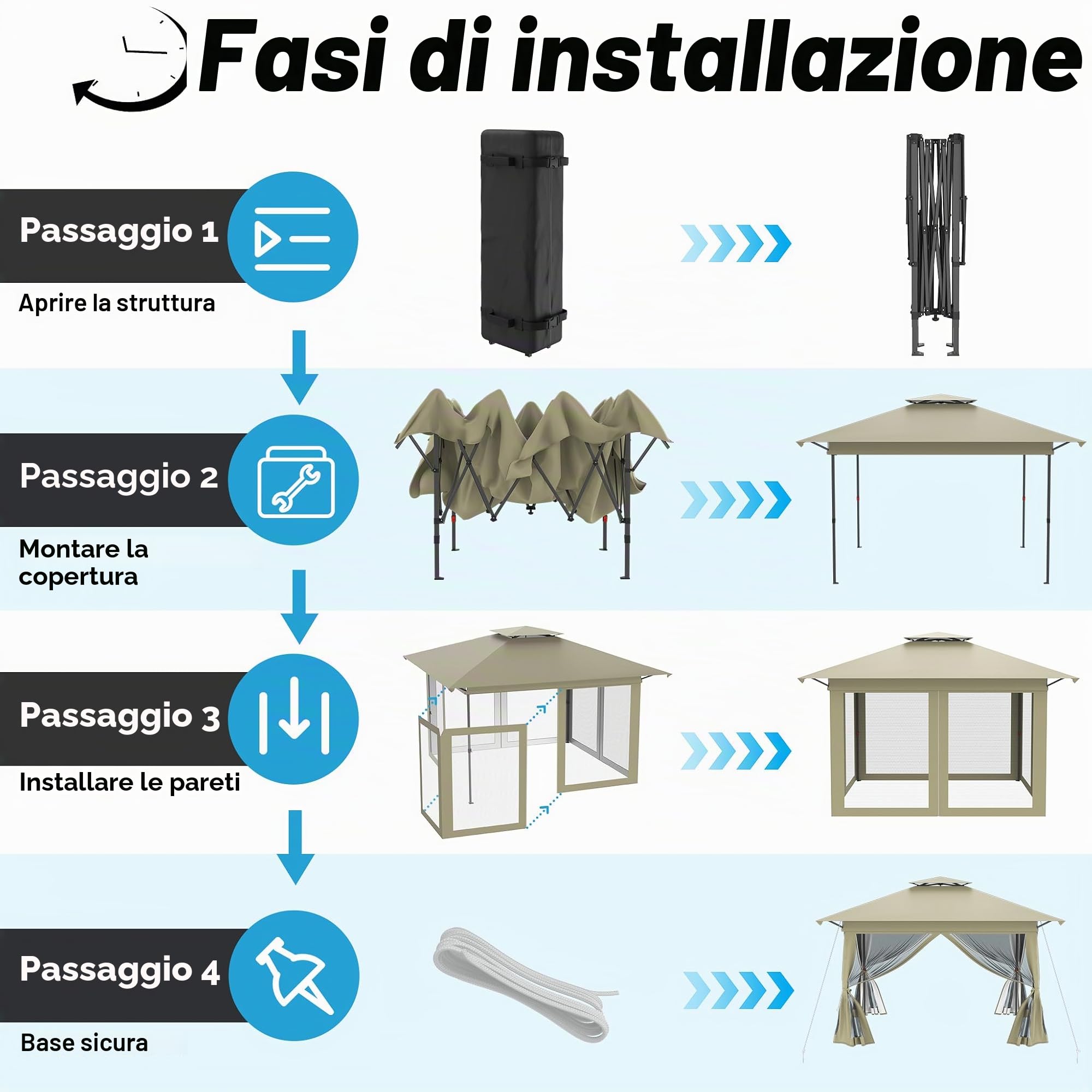 Aufun Gazebo da giardino Pop Up Padiglione 4x4m, protezione UV e zanzare, stabile gazebo pieghevole regolabile in altezza, tenda da giardino con 4 pannelli laterali con zanzariera e tetto doppio